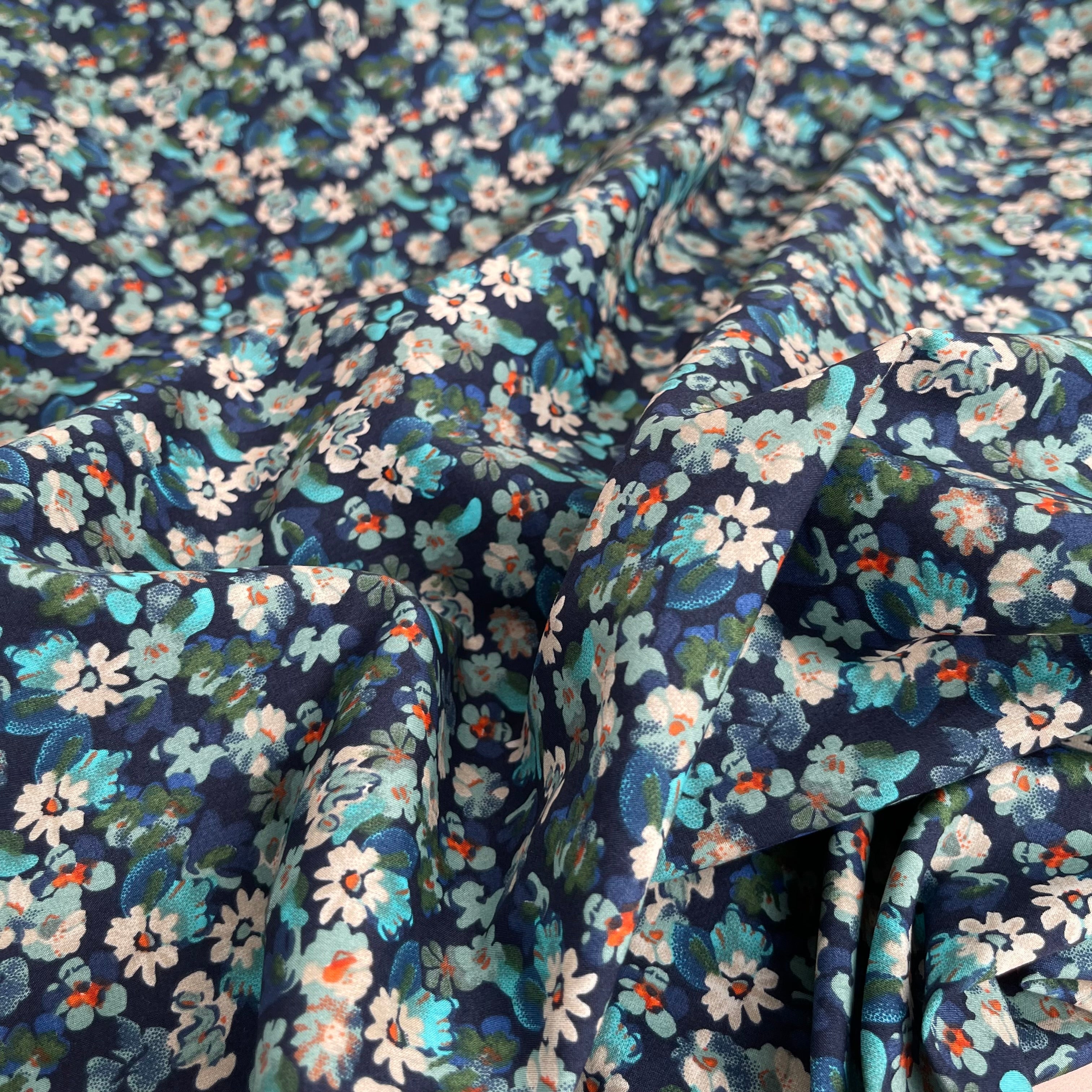 Meadow Blue on Navy Cotton Lawn Fabric