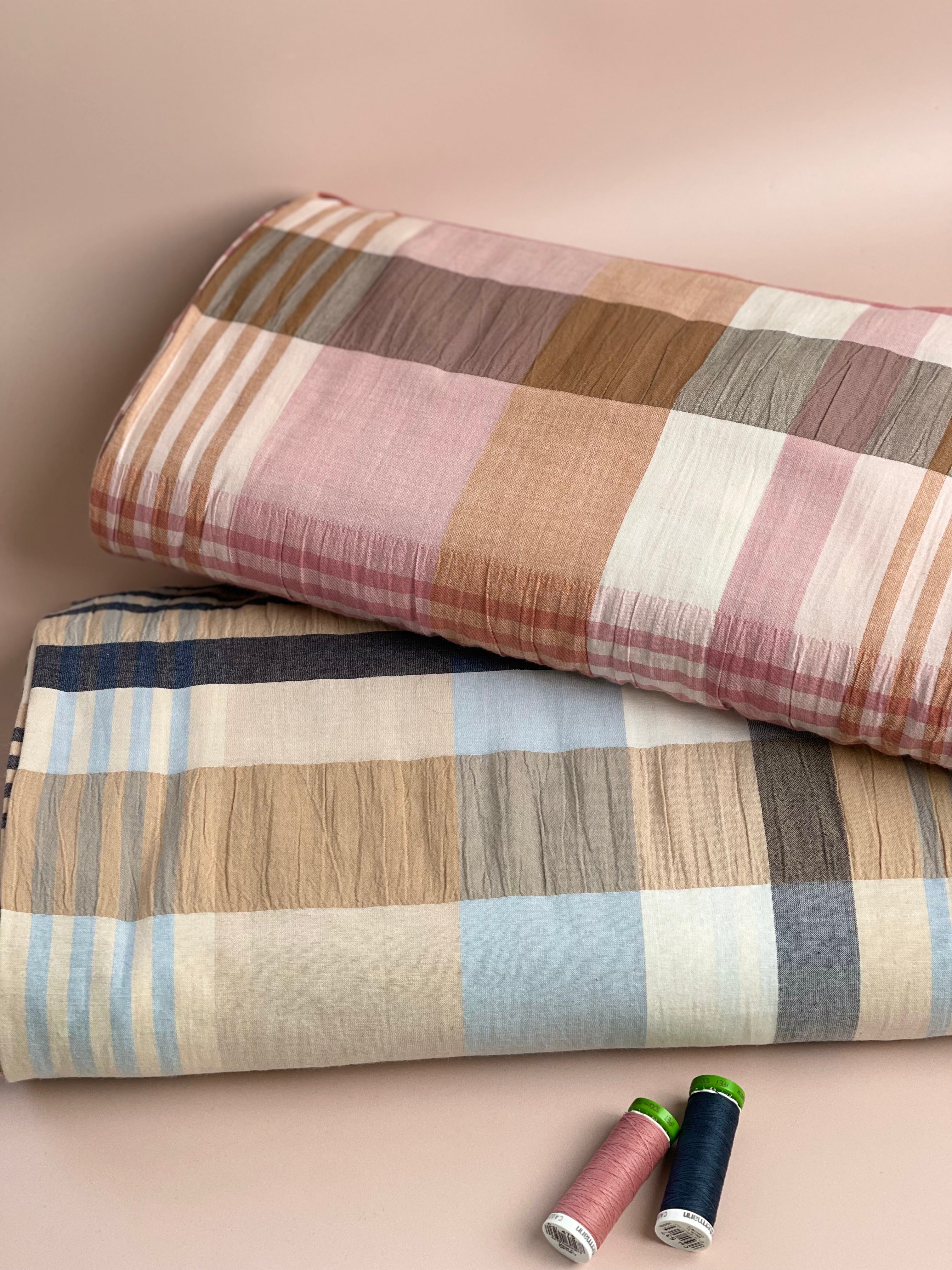 REMNANT 0.78 Metre - Yarn Dyed Checks in Blue and Beige Stretch Cotton Fabric
