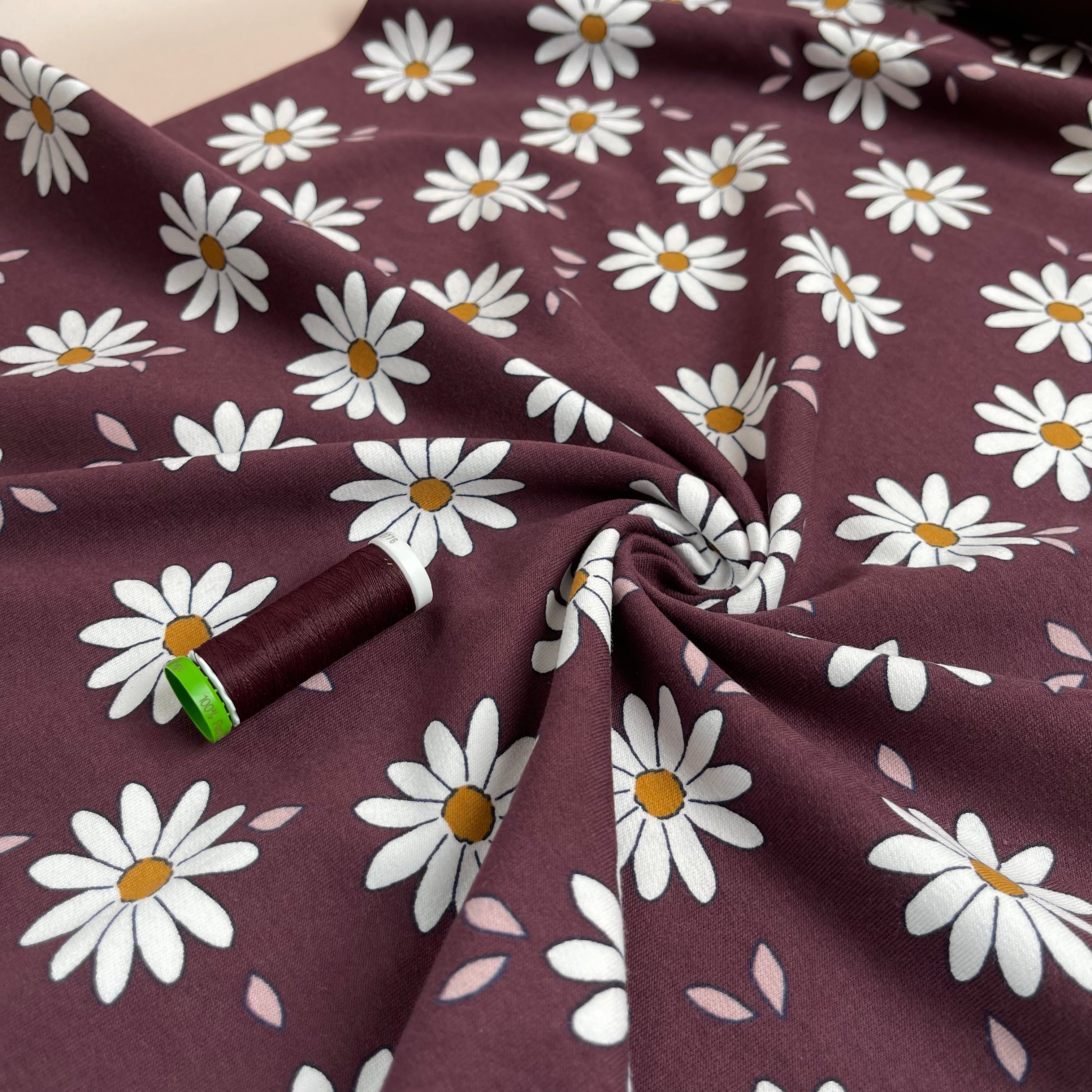 Daisies on Plum Cotton French Terry Fabric