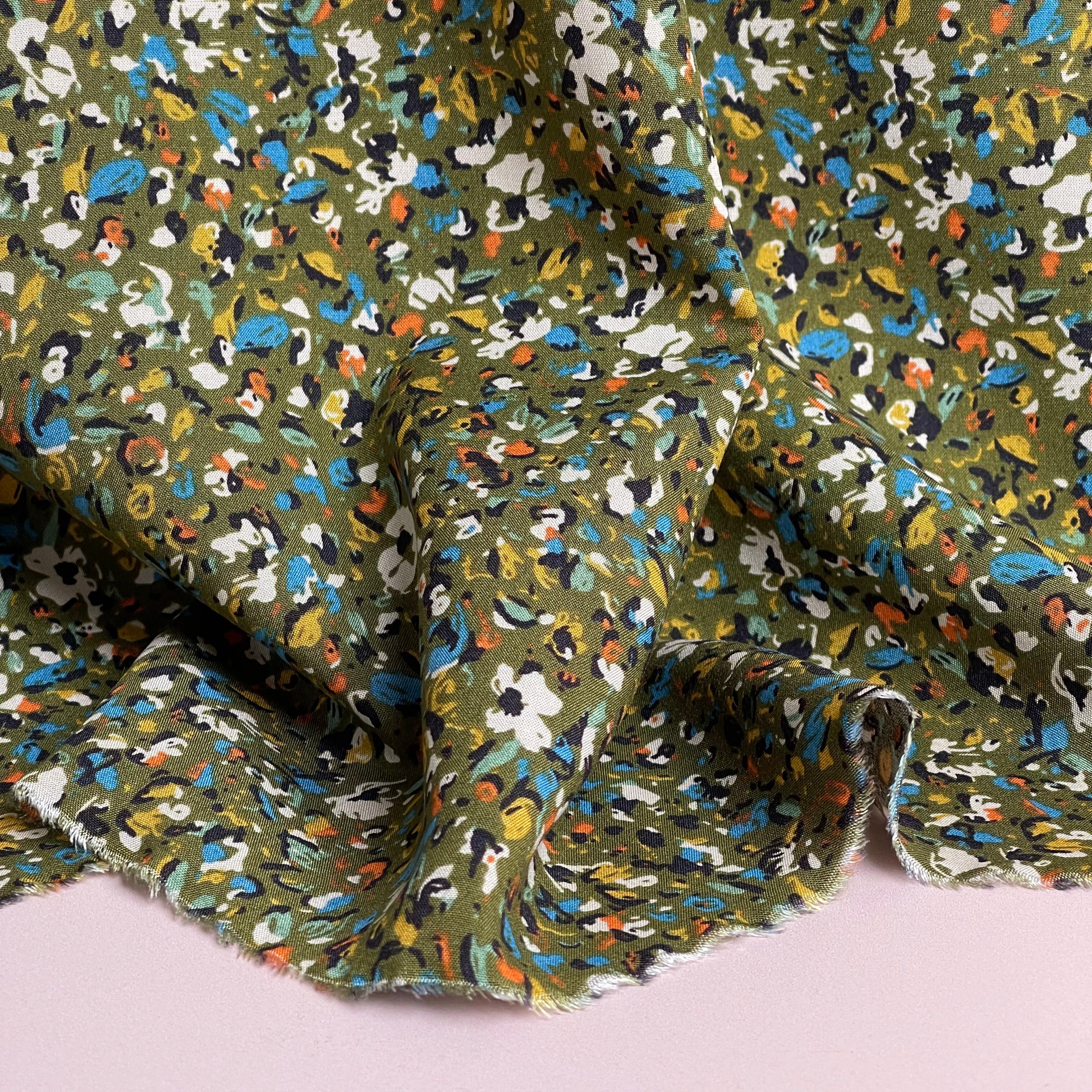 Abstract Field Khaki Viscose Fabric
