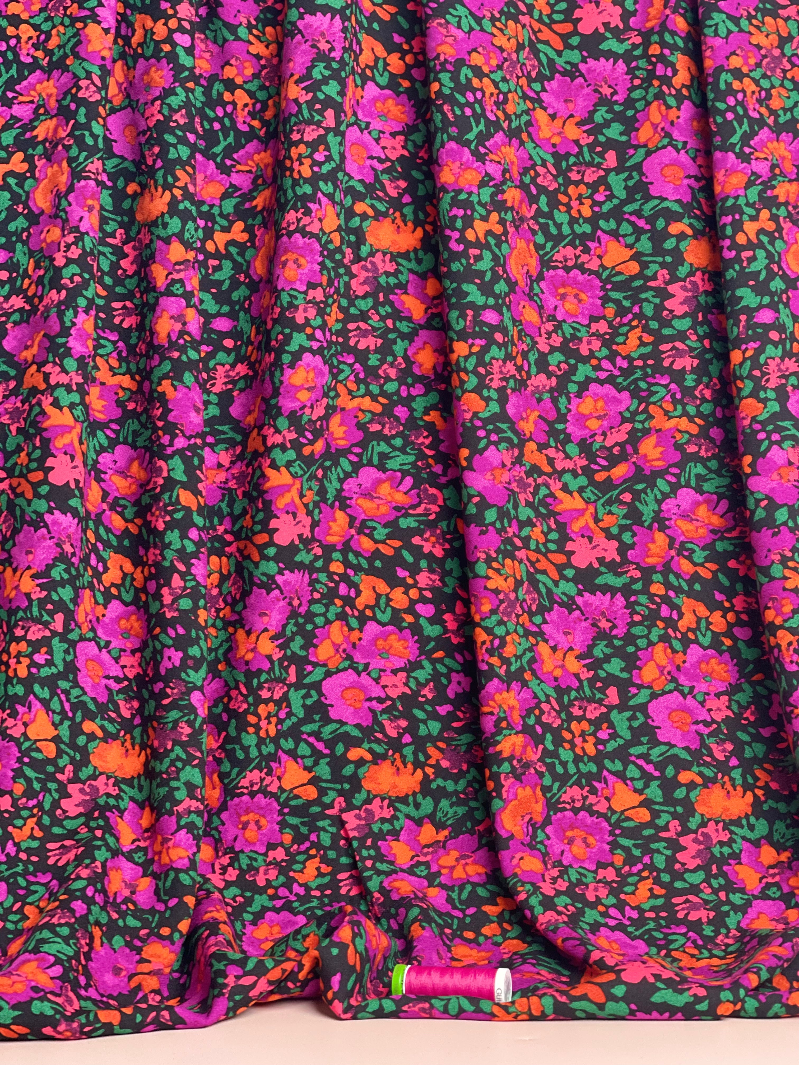 Watercolour Magenta Blooms Soft Viscose Crepe Fabric