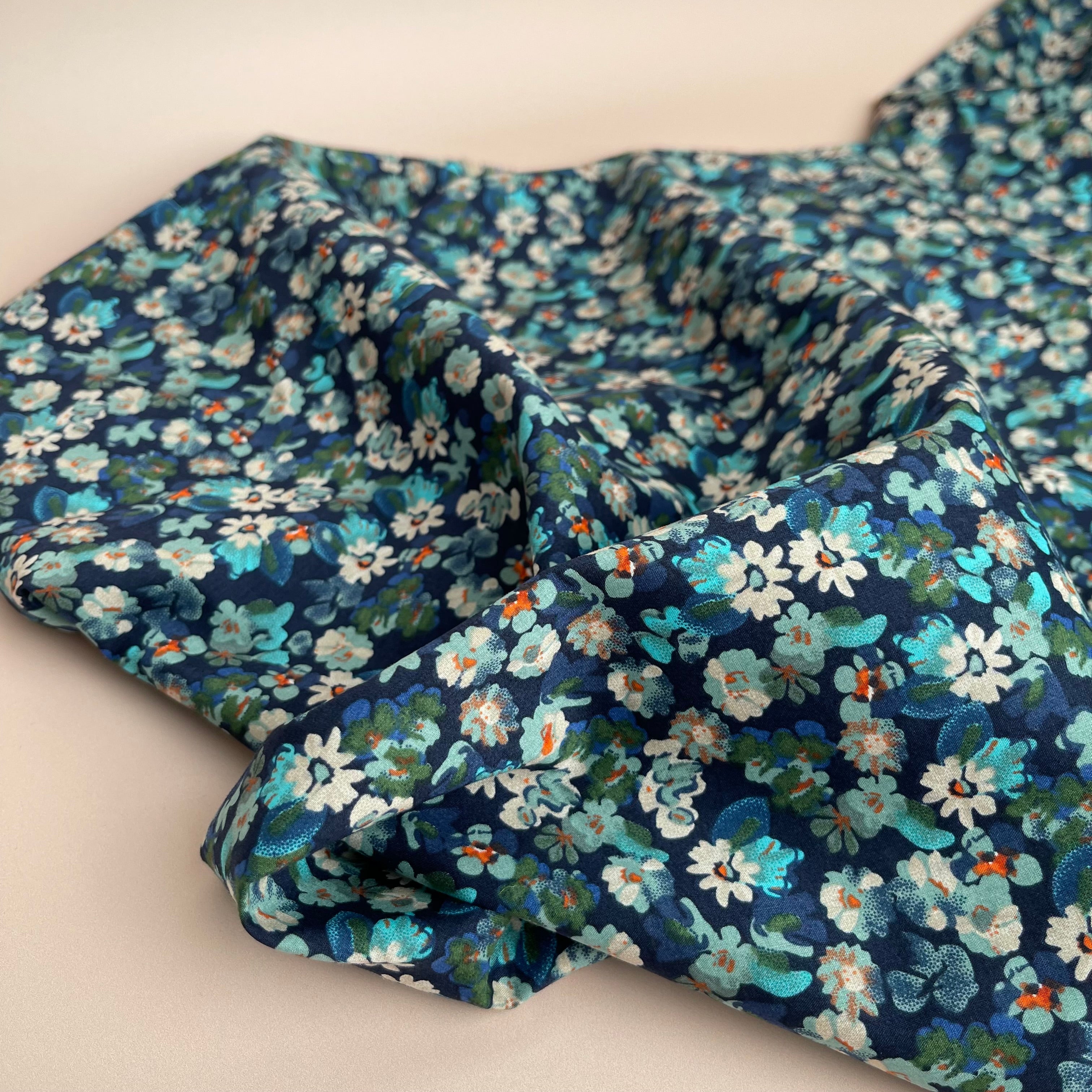 Meadow Blue on Navy Cotton Lawn Fabric