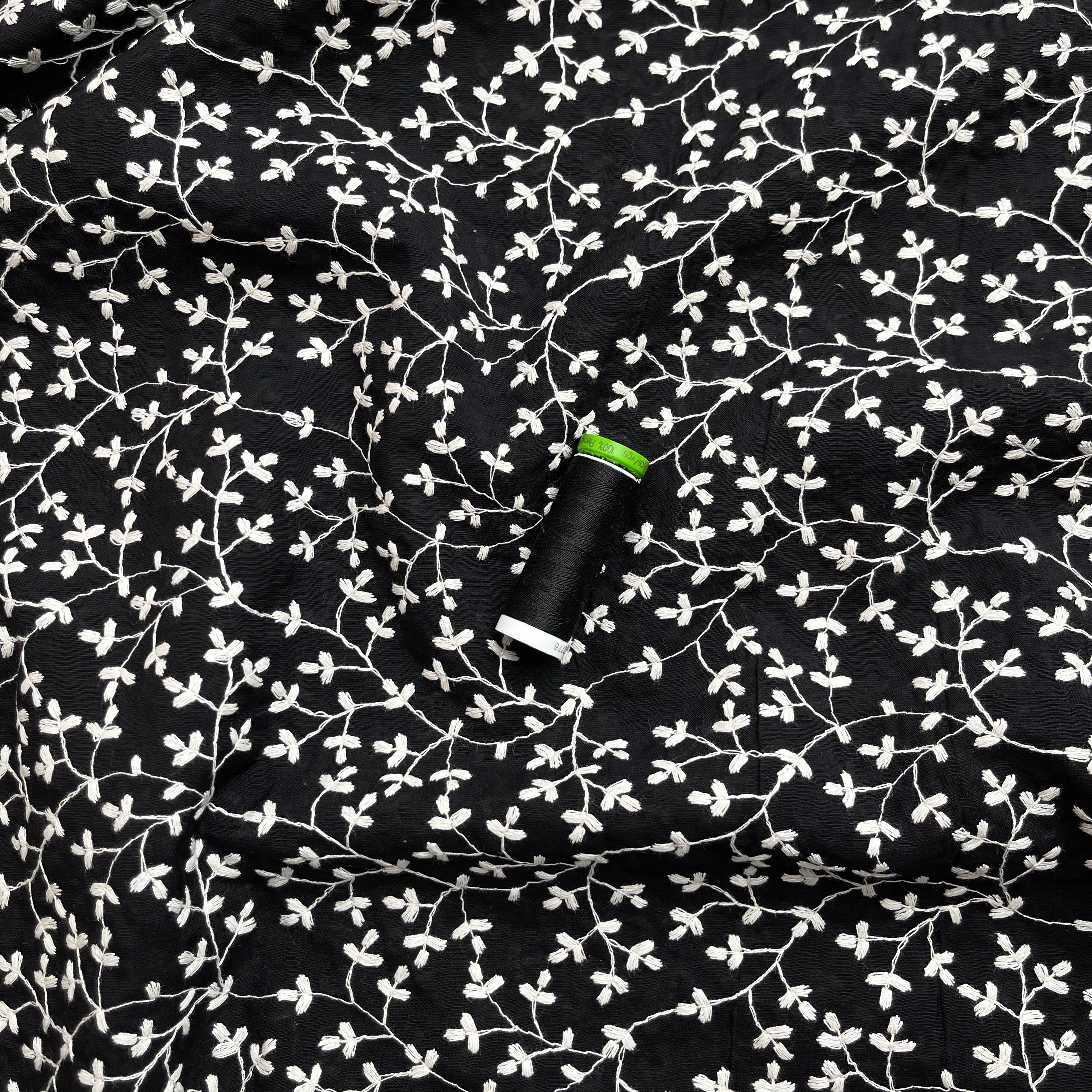 REMNANT 1.18 Metres - Embroidered Vines on Black Viscose Fabric