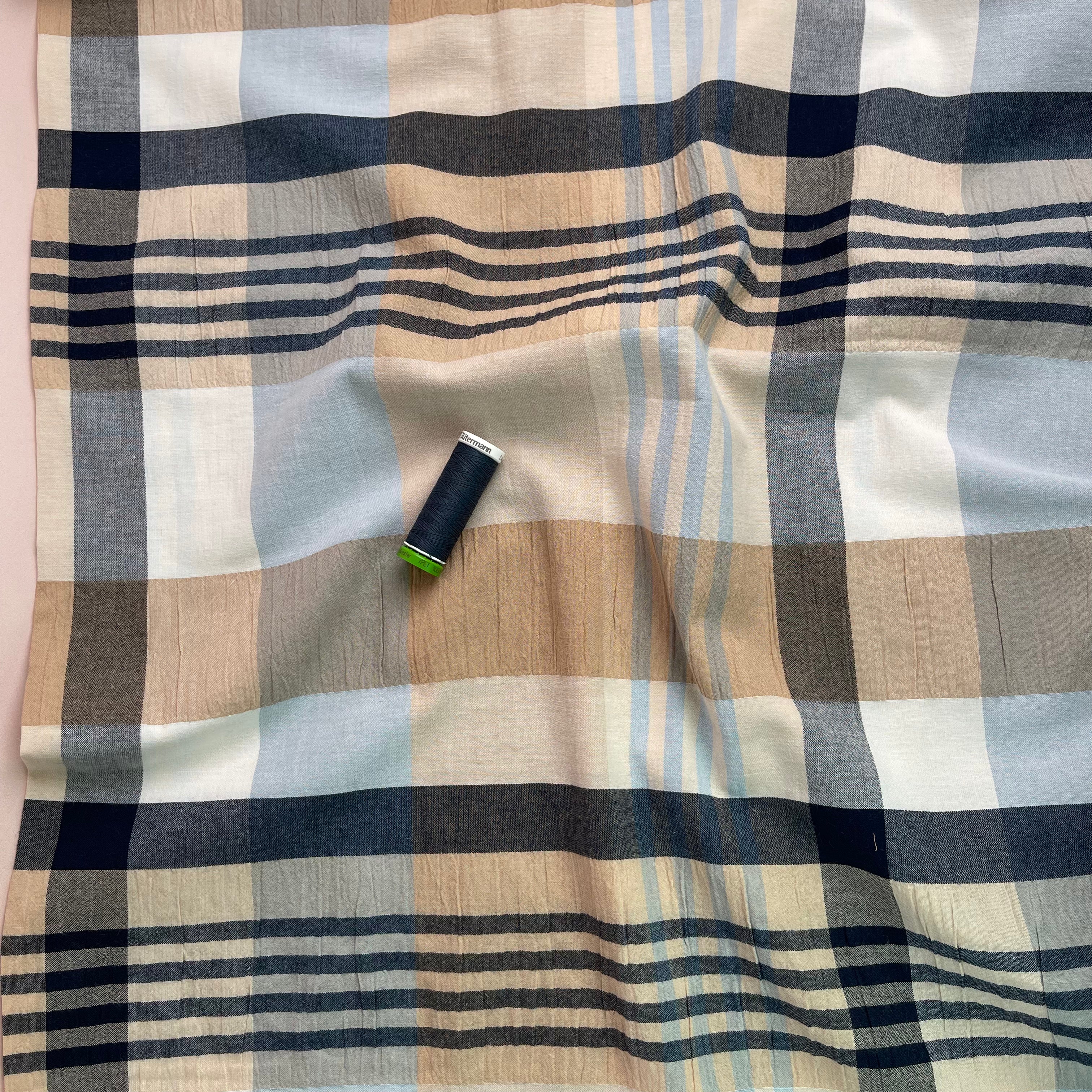 Yarn Dyed Checks in Blue and Beige Stretch Cotton Fabric