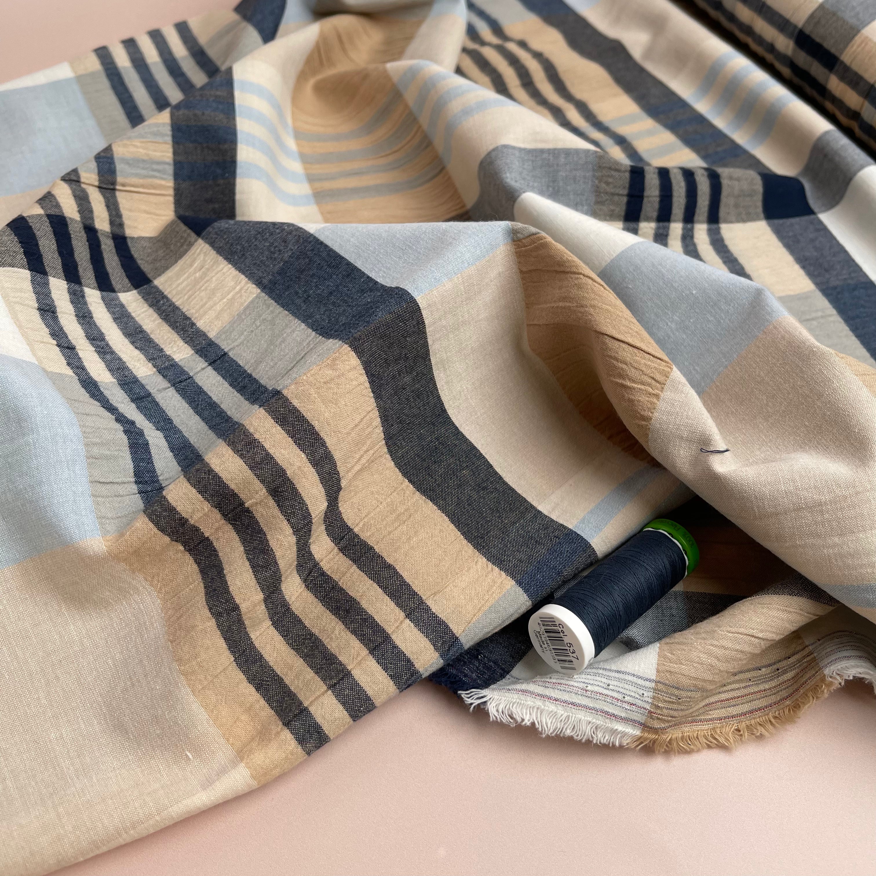 REMNANT 0.78 Metre - Yarn Dyed Checks in Blue and Beige Stretch Cotton Fabric