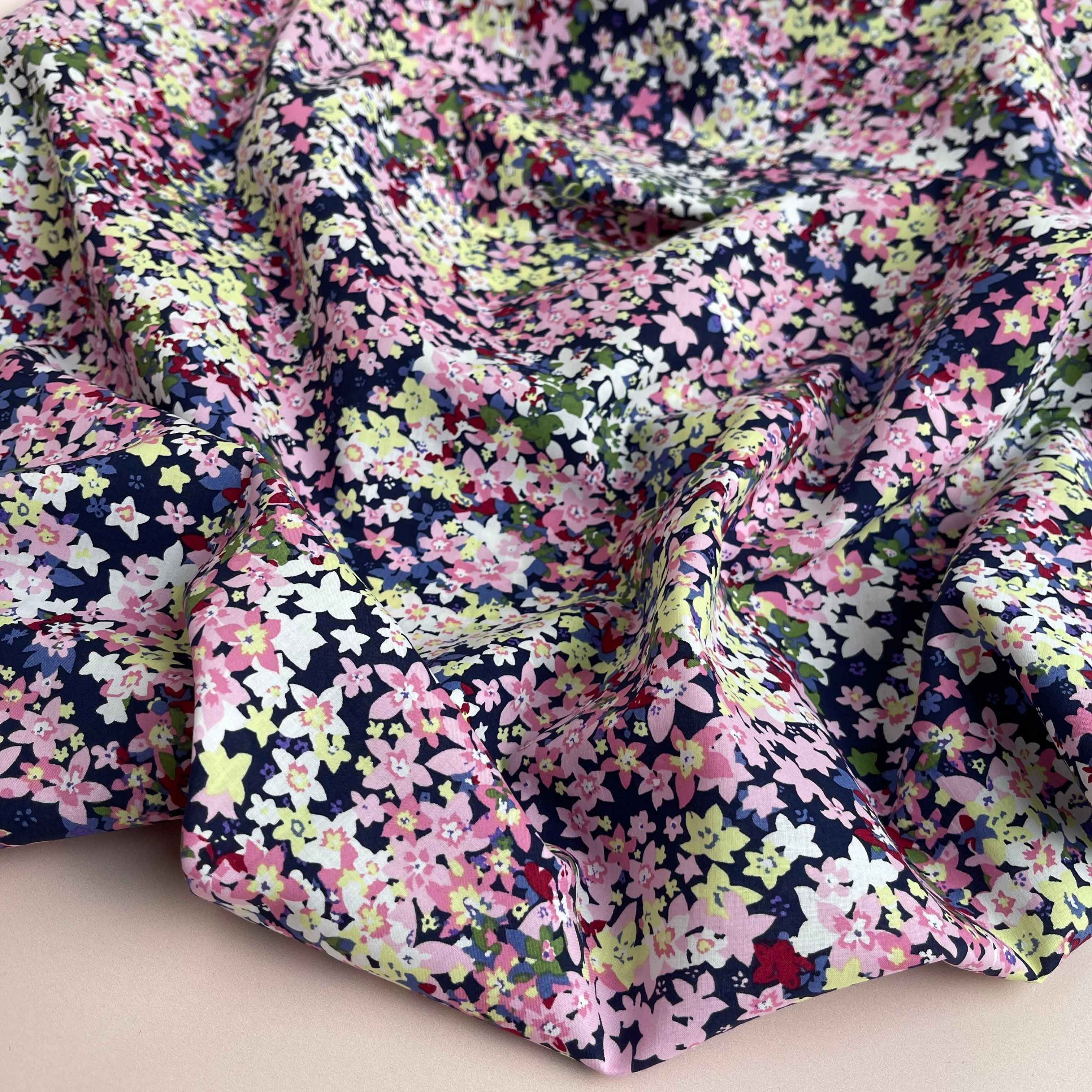 Ditsy Meadow Pink on Navy Cotton Lawn Fabric