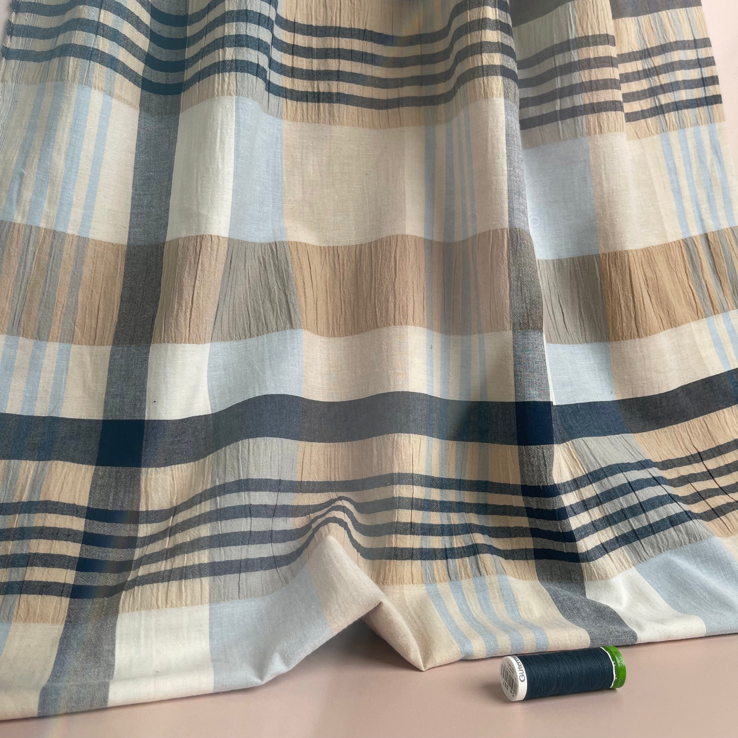 REMNANT 0.78 Metre - Yarn Dyed Checks in Blue and Beige Stretch Cotton Fabric