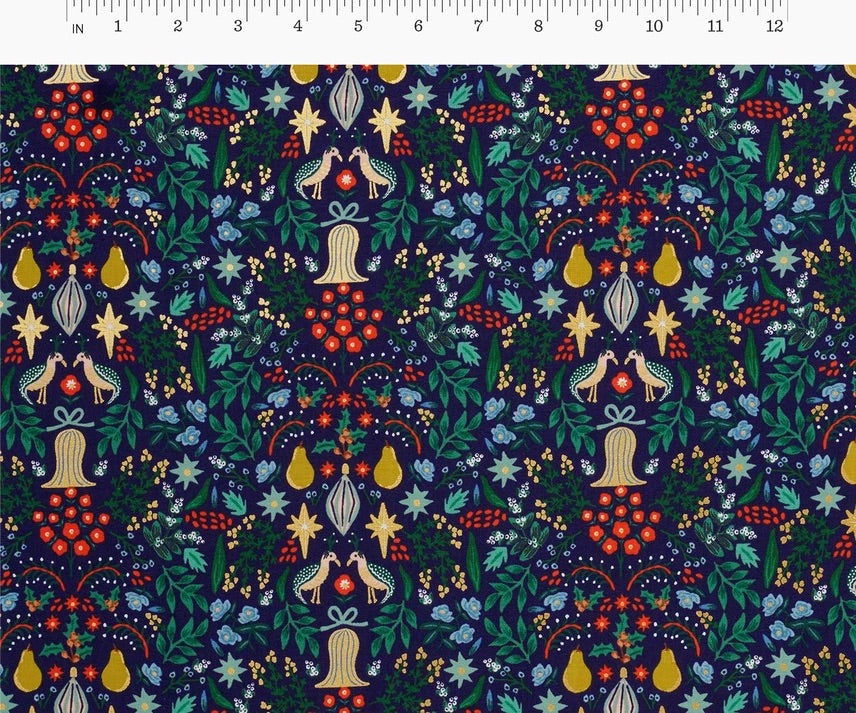 REMNANT 1.37 Metres - Rifle Paper Co - Partridge Navy Metallic Cotton Fabric