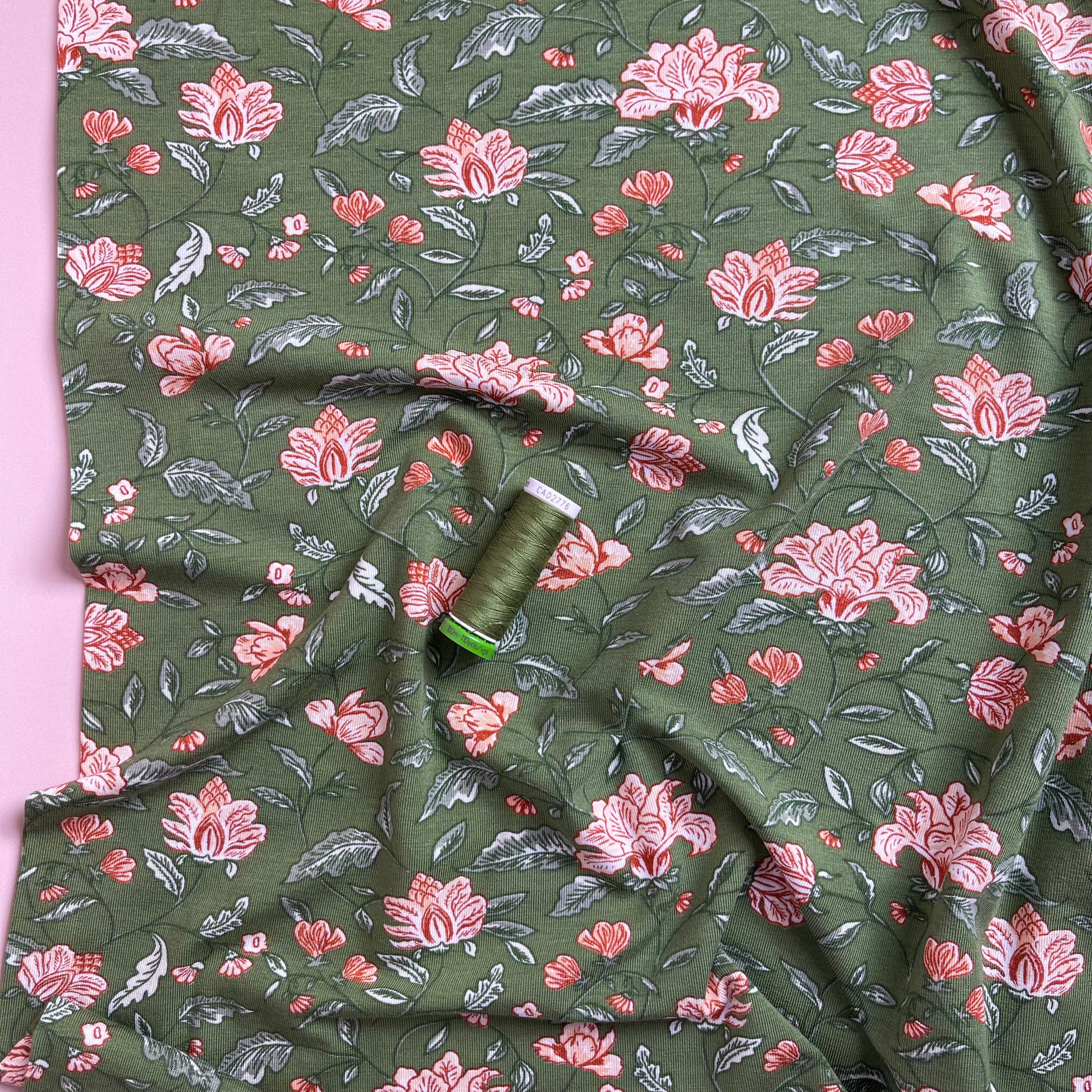 REMNANT 1.24 Metres - Magnolia in Moss Green Bamboo Cotton Jersey