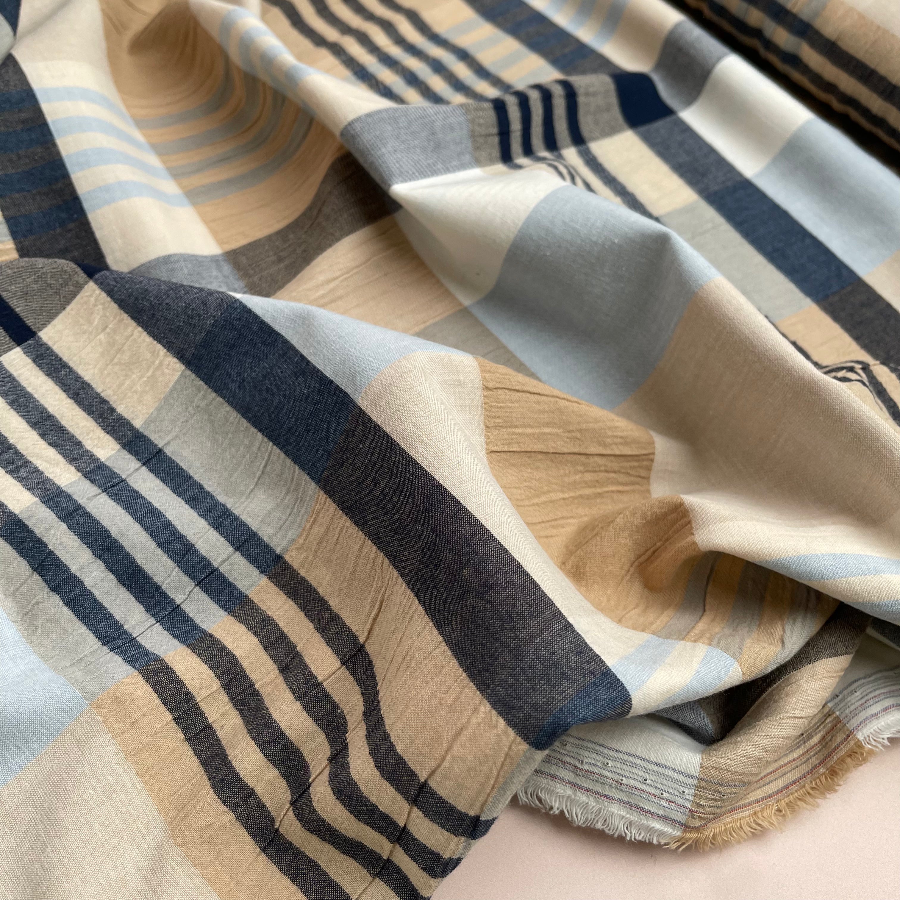 REMNANT 0.78 Metre - Yarn Dyed Checks in Blue and Beige Stretch Cotton Fabric