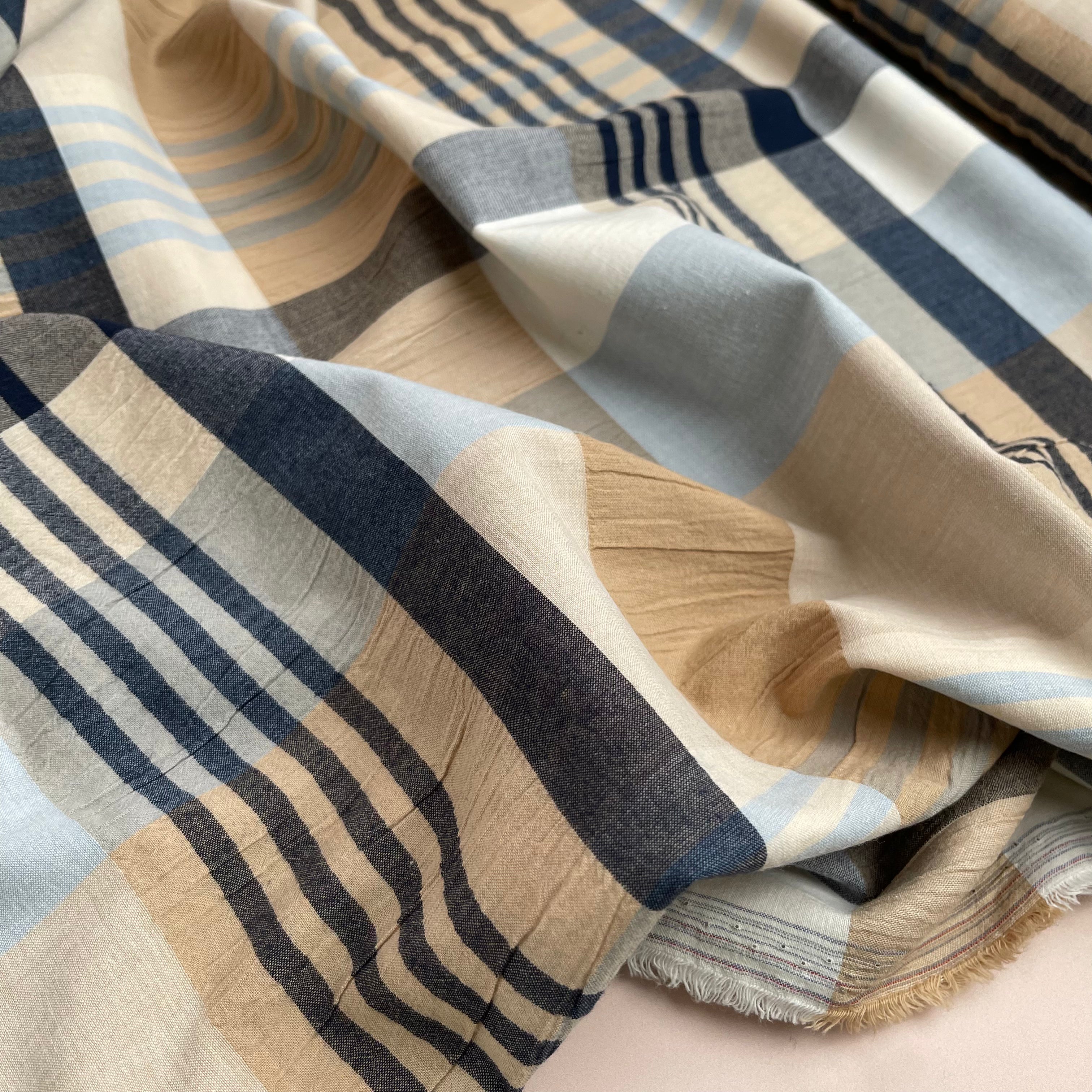 Yarn Dyed Checks in Blue and Beige Stretch Cotton Fabric