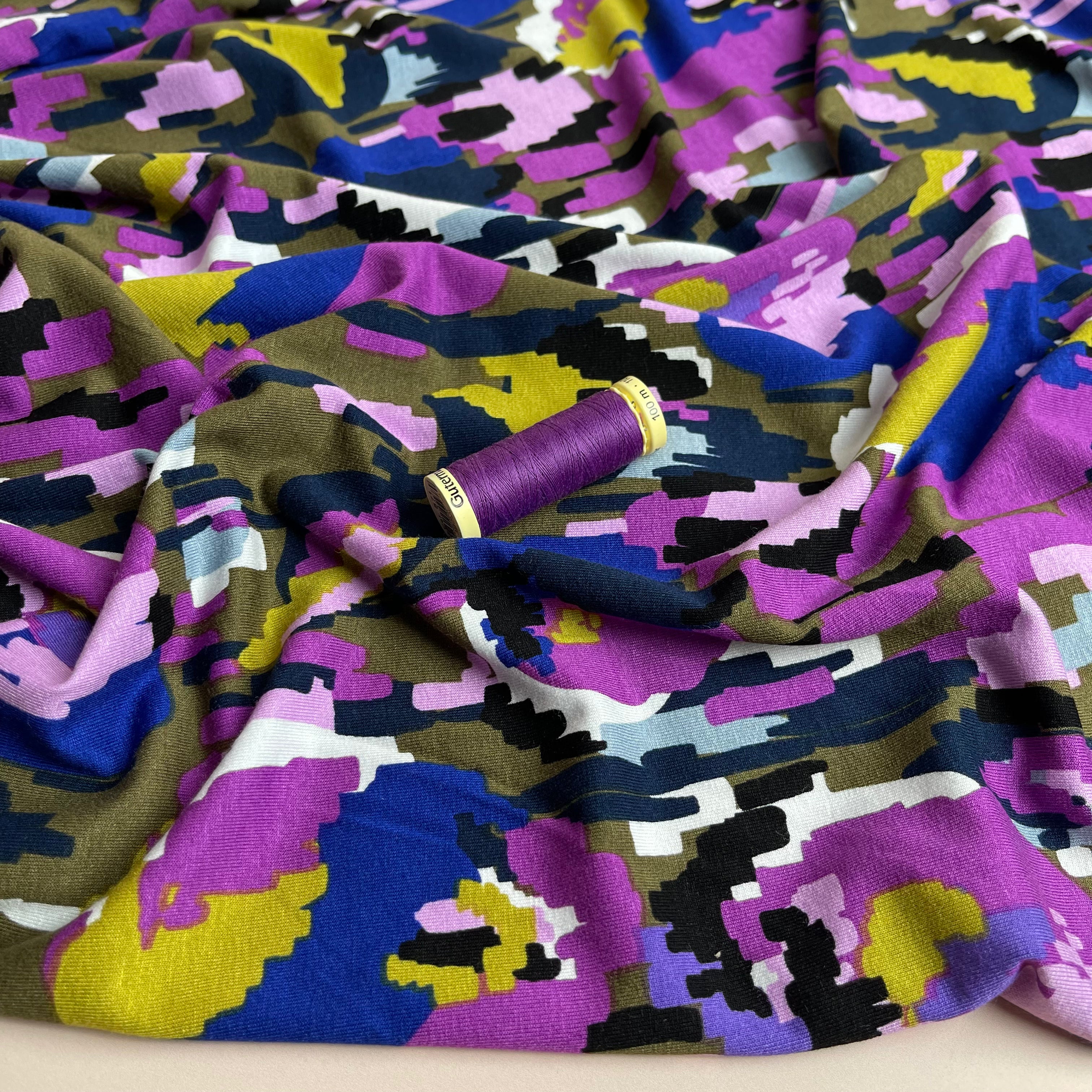 REMNANT 0.68 Metres (plus free section with faults) - Pixel Flowers in Purple Viscose Jersey Fabric