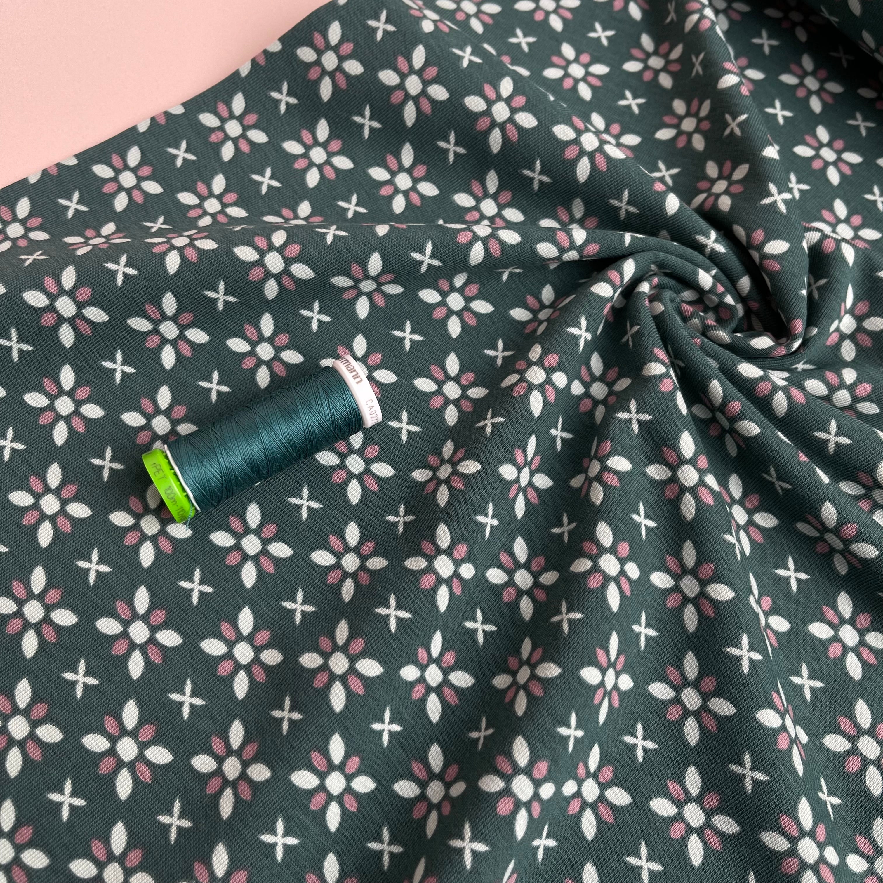 REMNANT 0.50 metre - Graphic Flowers Teal Cotton Jersey