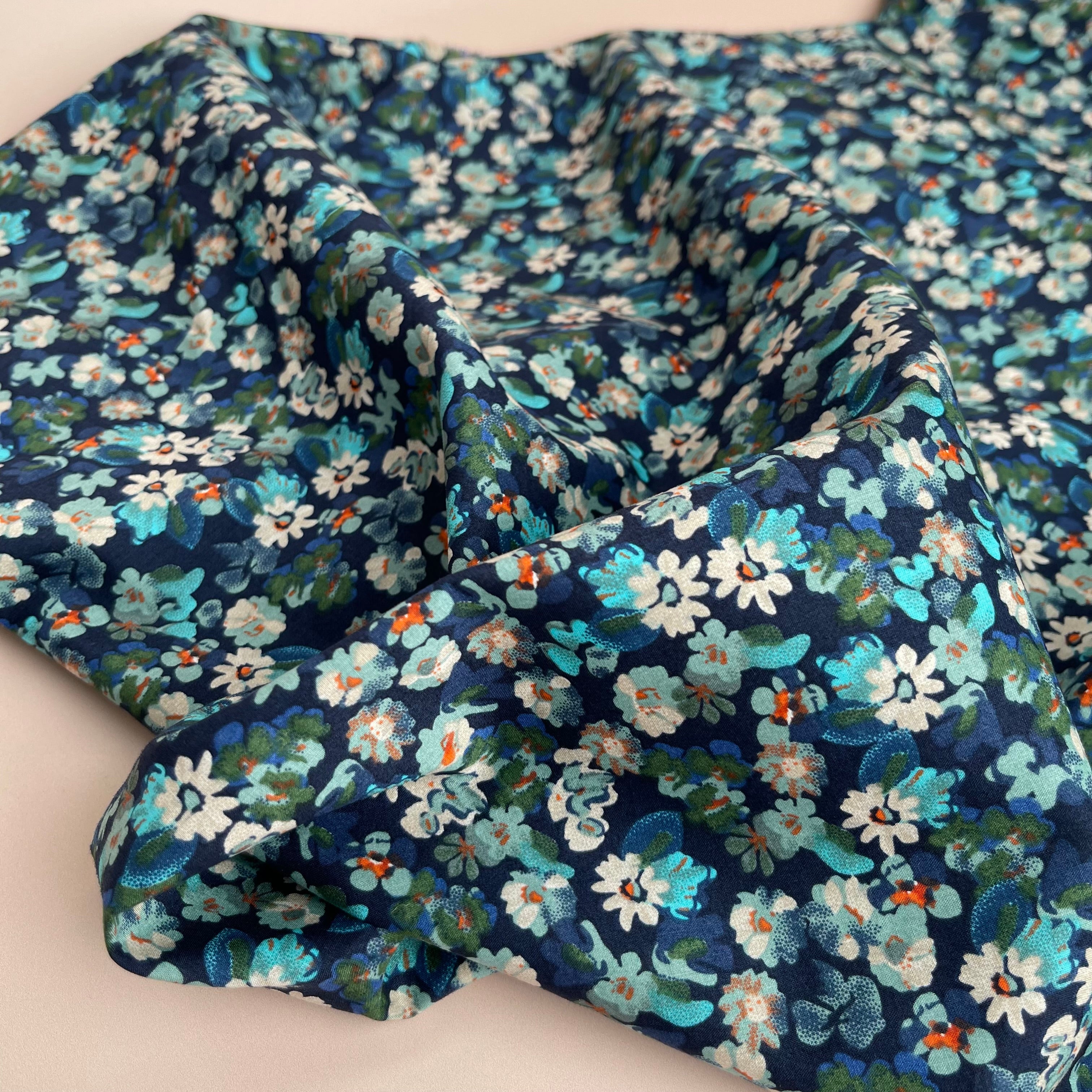 Meadow Blue on Navy Cotton Lawn Fabric