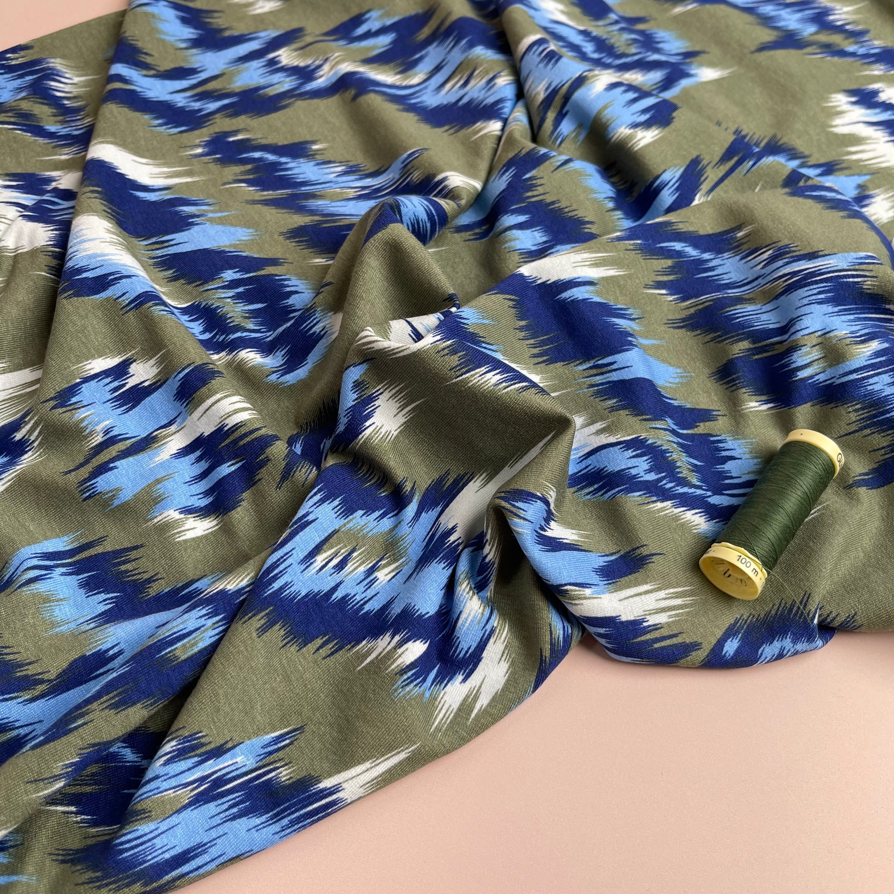 Painted Chevrons Khaki & Blue Viscose Jersey Fabric