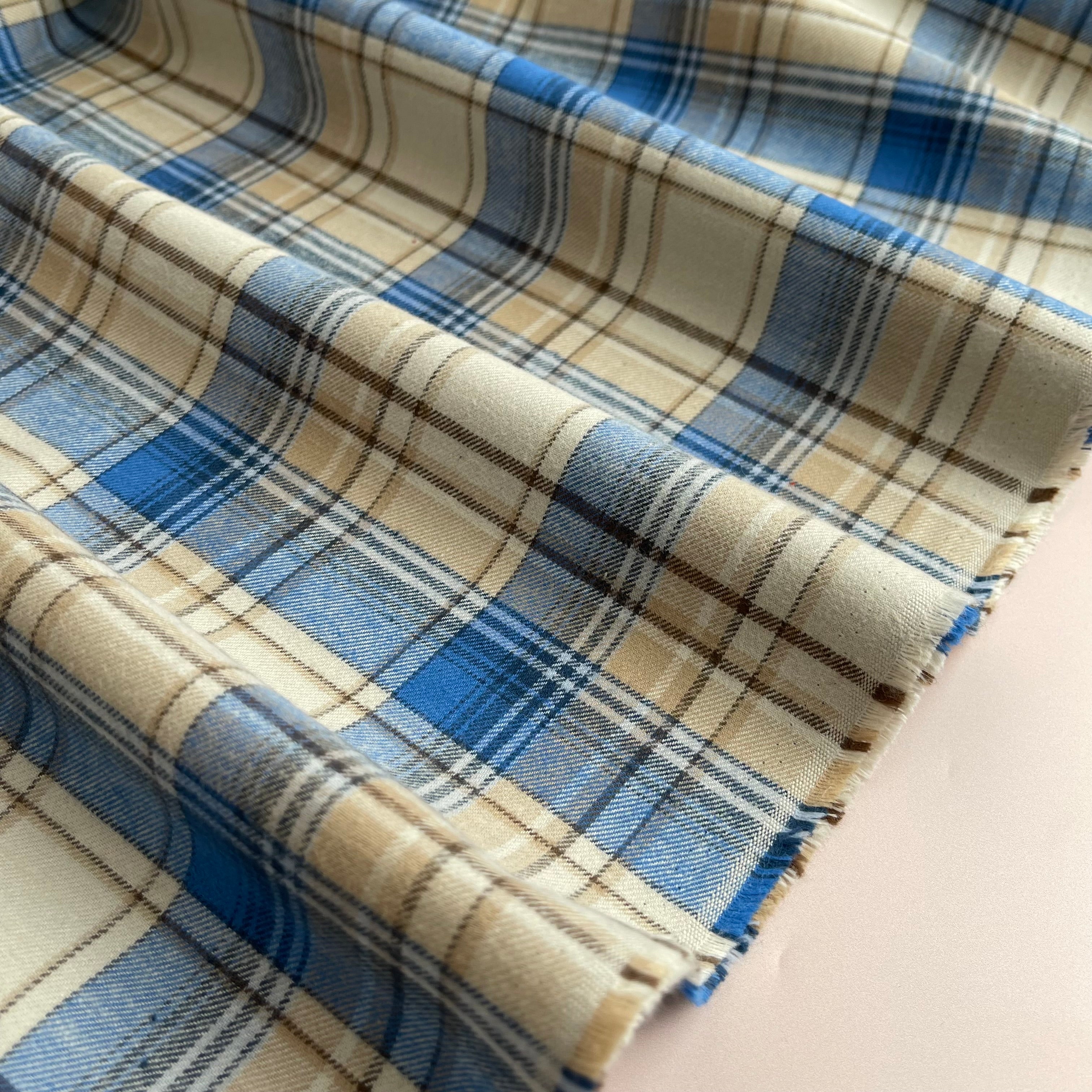 Highland Cream & Blue Yarn Dyed Cotton Flannel