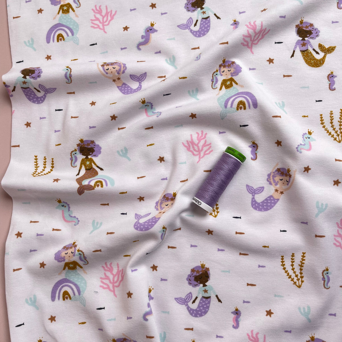 Mermaids with Glitter in White Cotton Jersey Lamazi Fabrics