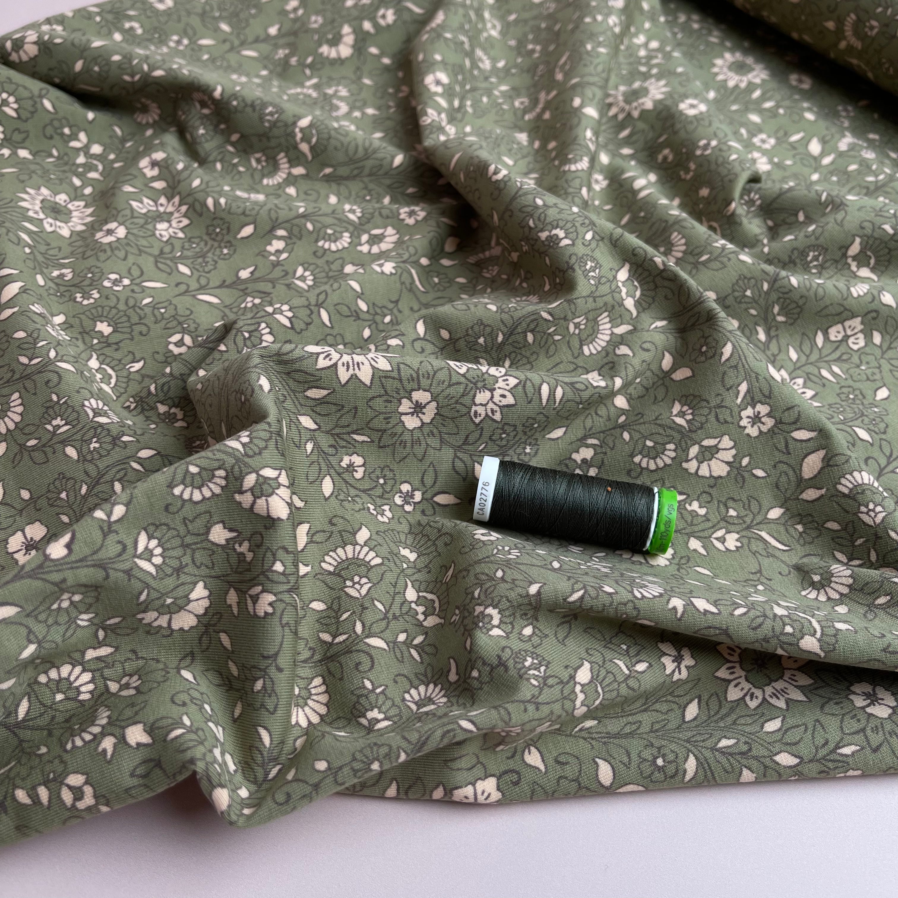 Sweet Flowers in Moss Green Cotton Jersey Fabric