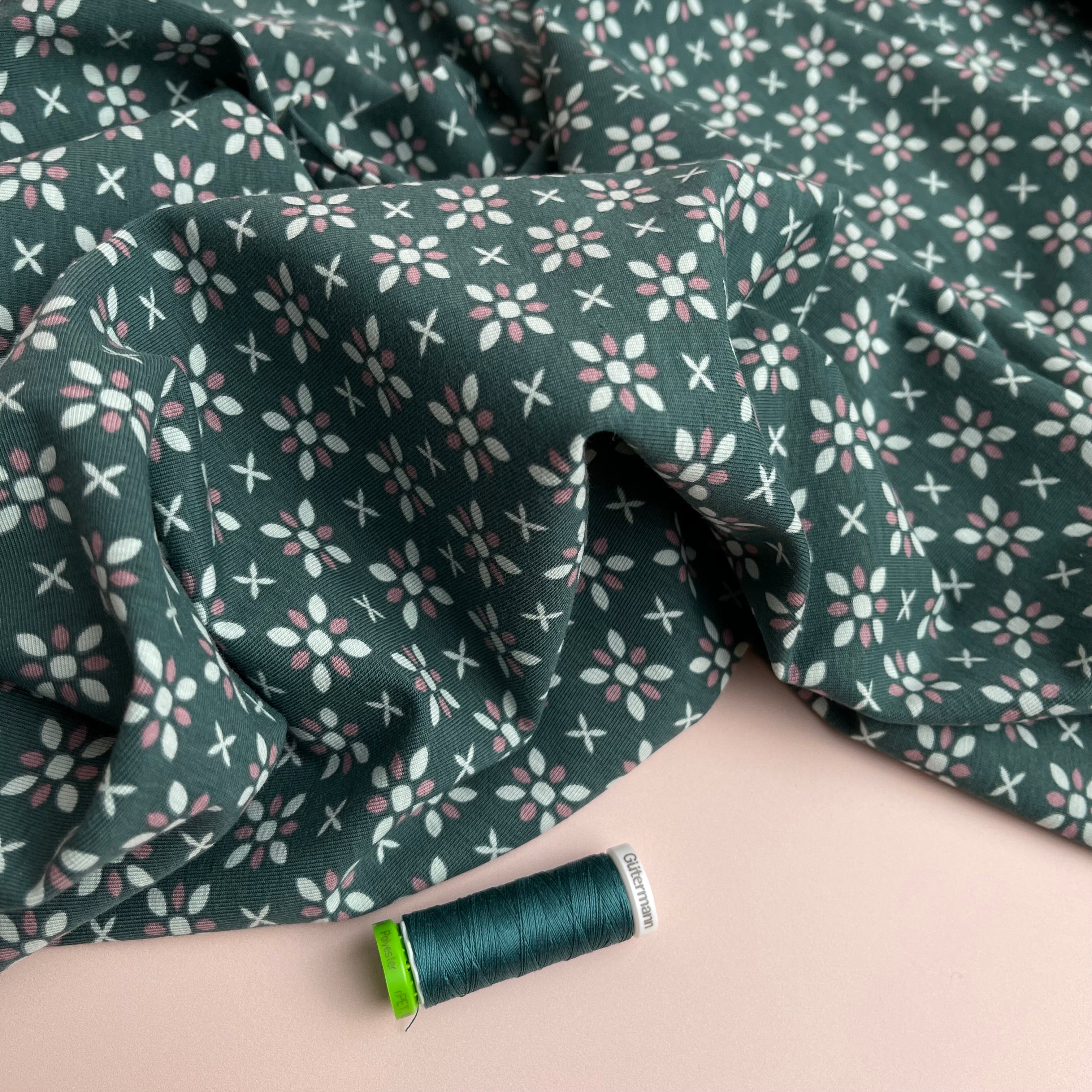 REMNANT 0.50 metre - Graphic Flowers Teal Cotton Jersey