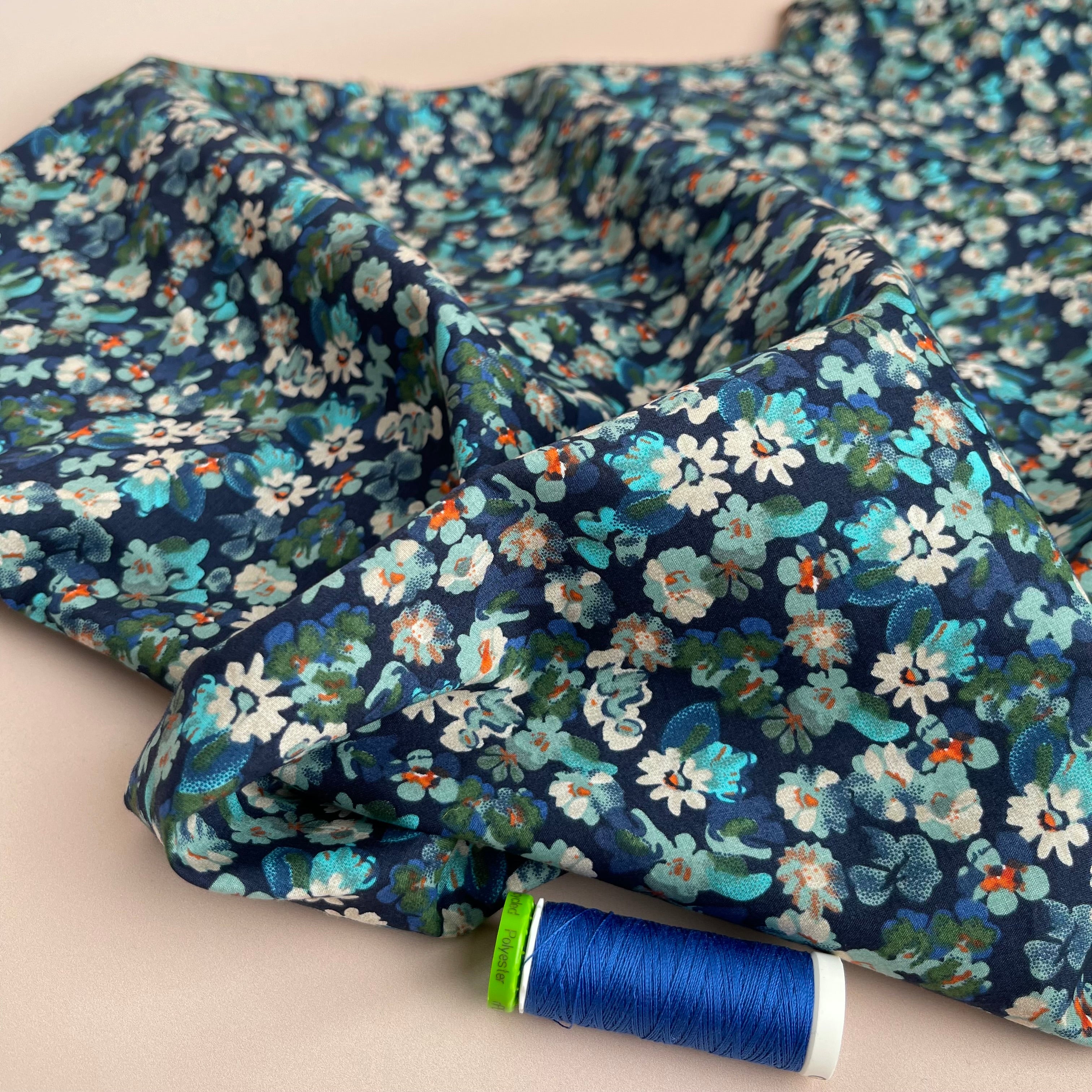 Meadow Blue on Navy Cotton Lawn Fabric
