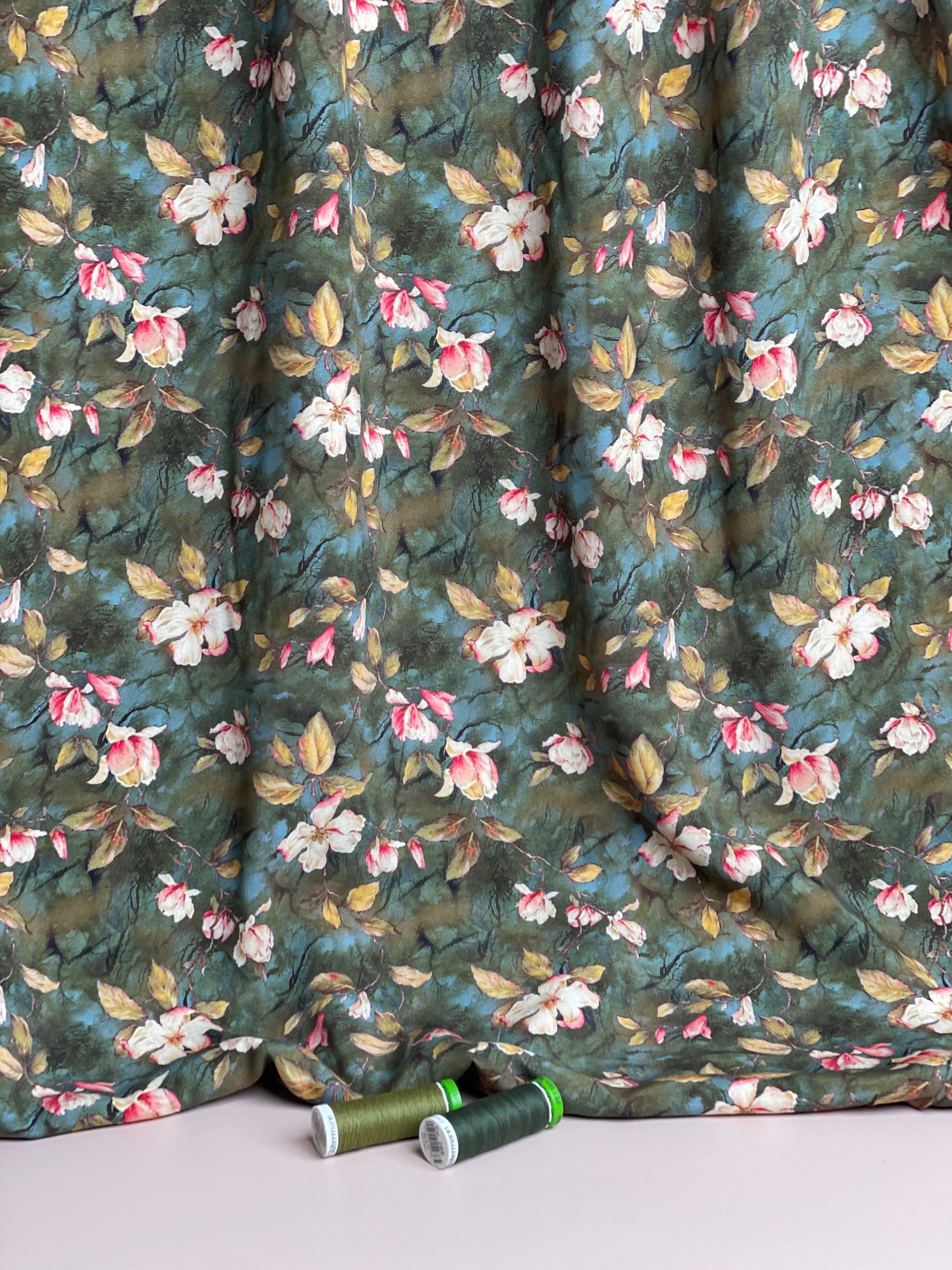 Rosehip Blossom Olive Green Viscose Fabric