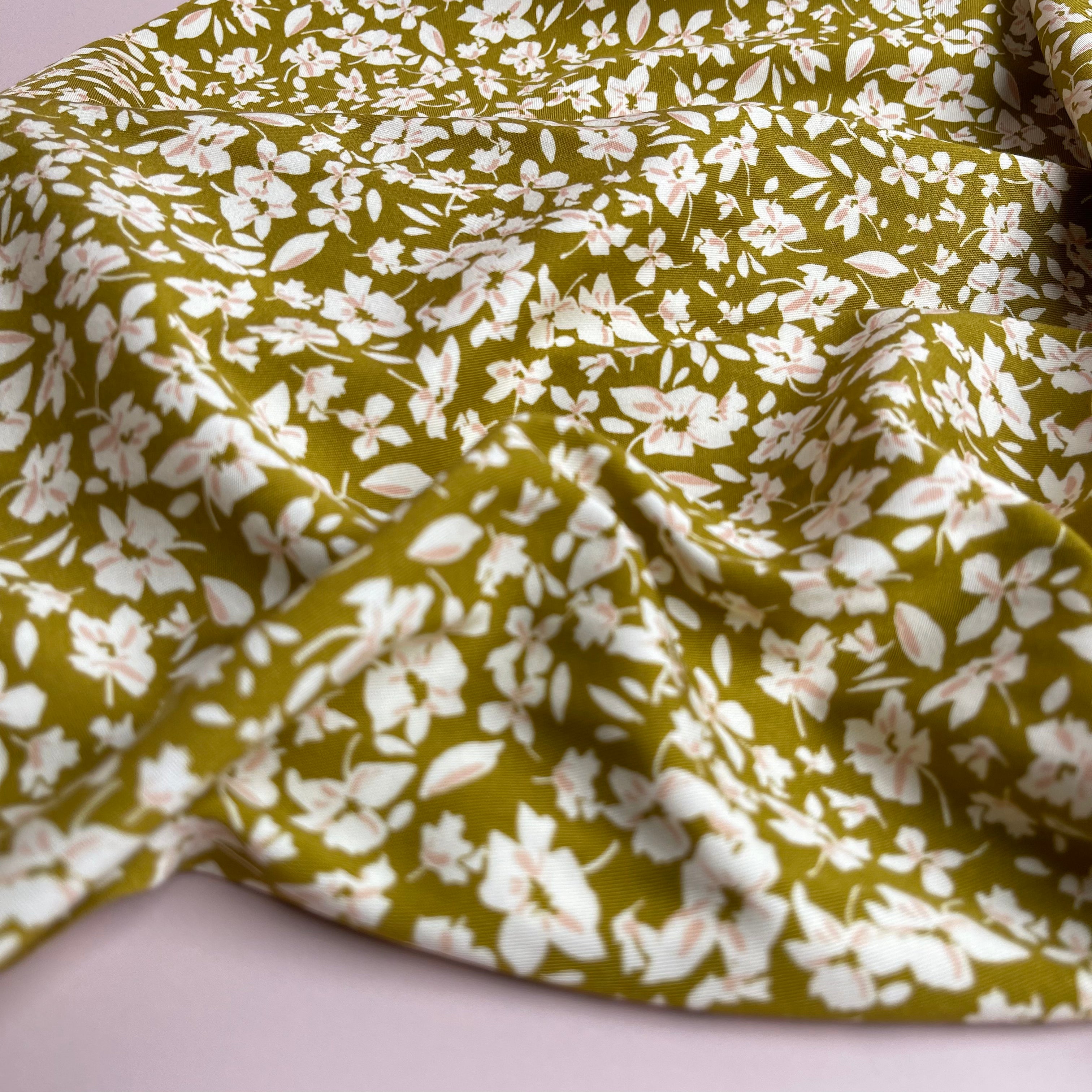 REMNANT 1.14 Metres - Rosella Small Flowers Golden Lime Stretch Viscose Twill