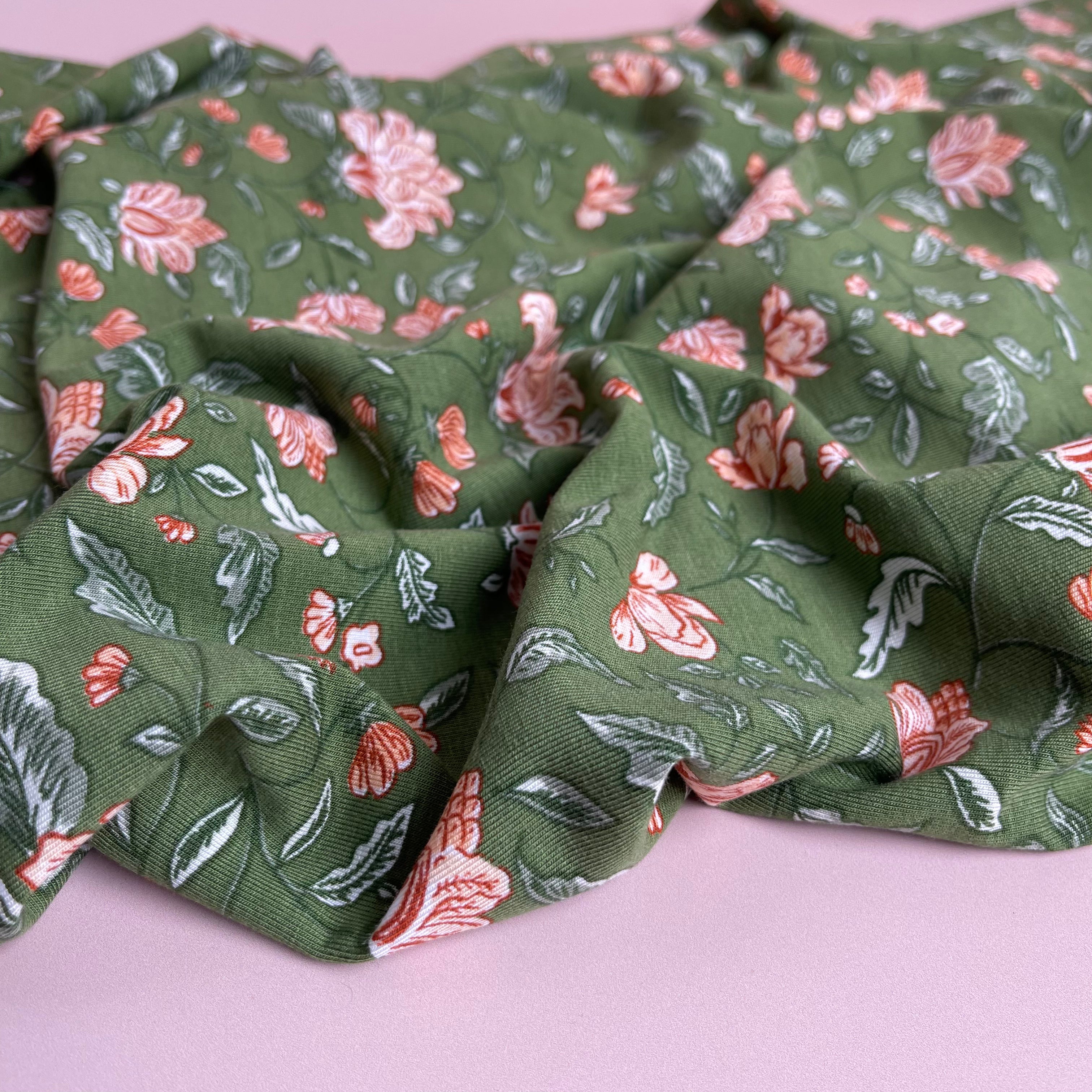 REMNANT 1.24 Metres - Magnolia in Moss Green Bamboo Cotton Jersey