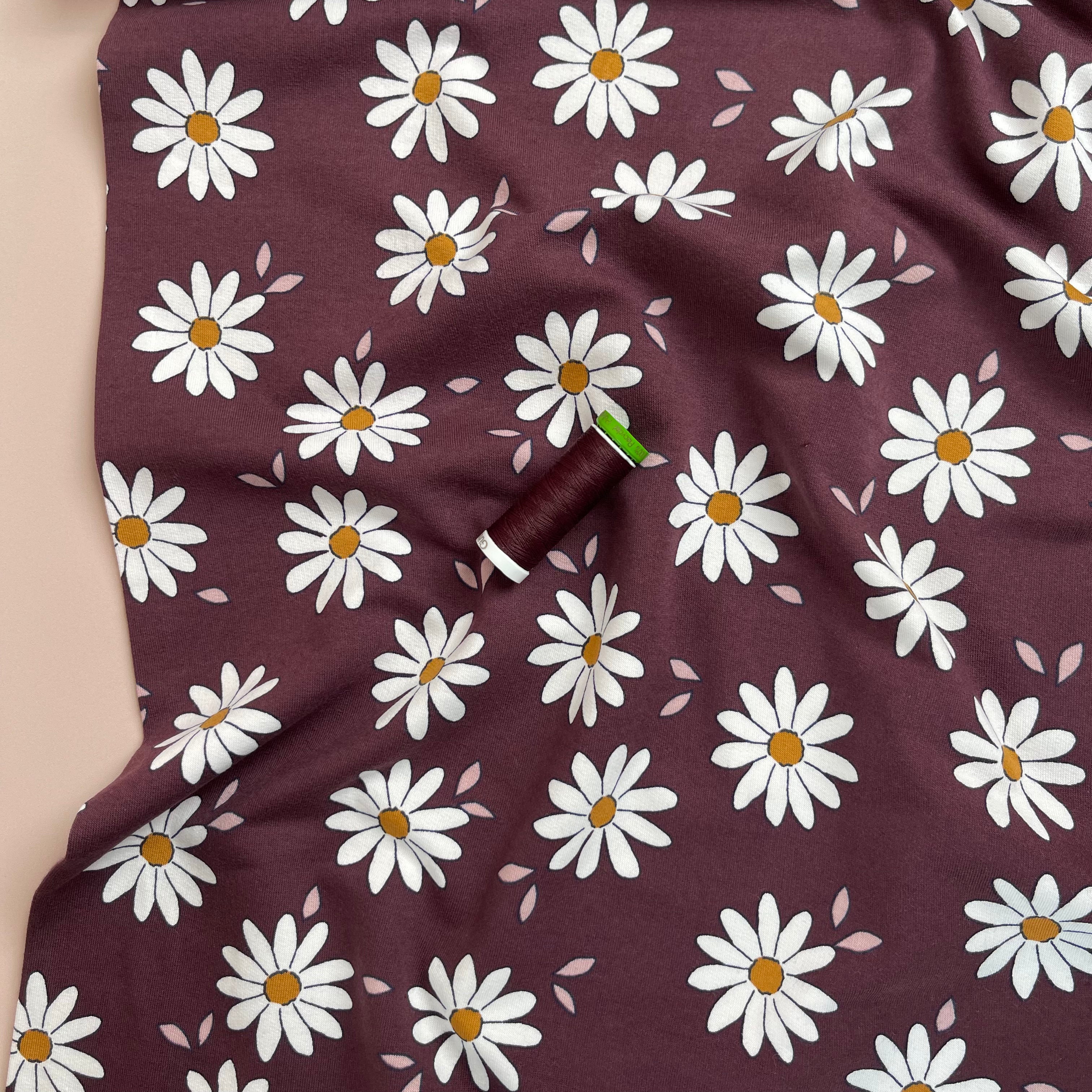 Daisies on Plum Cotton French Terry Fabric