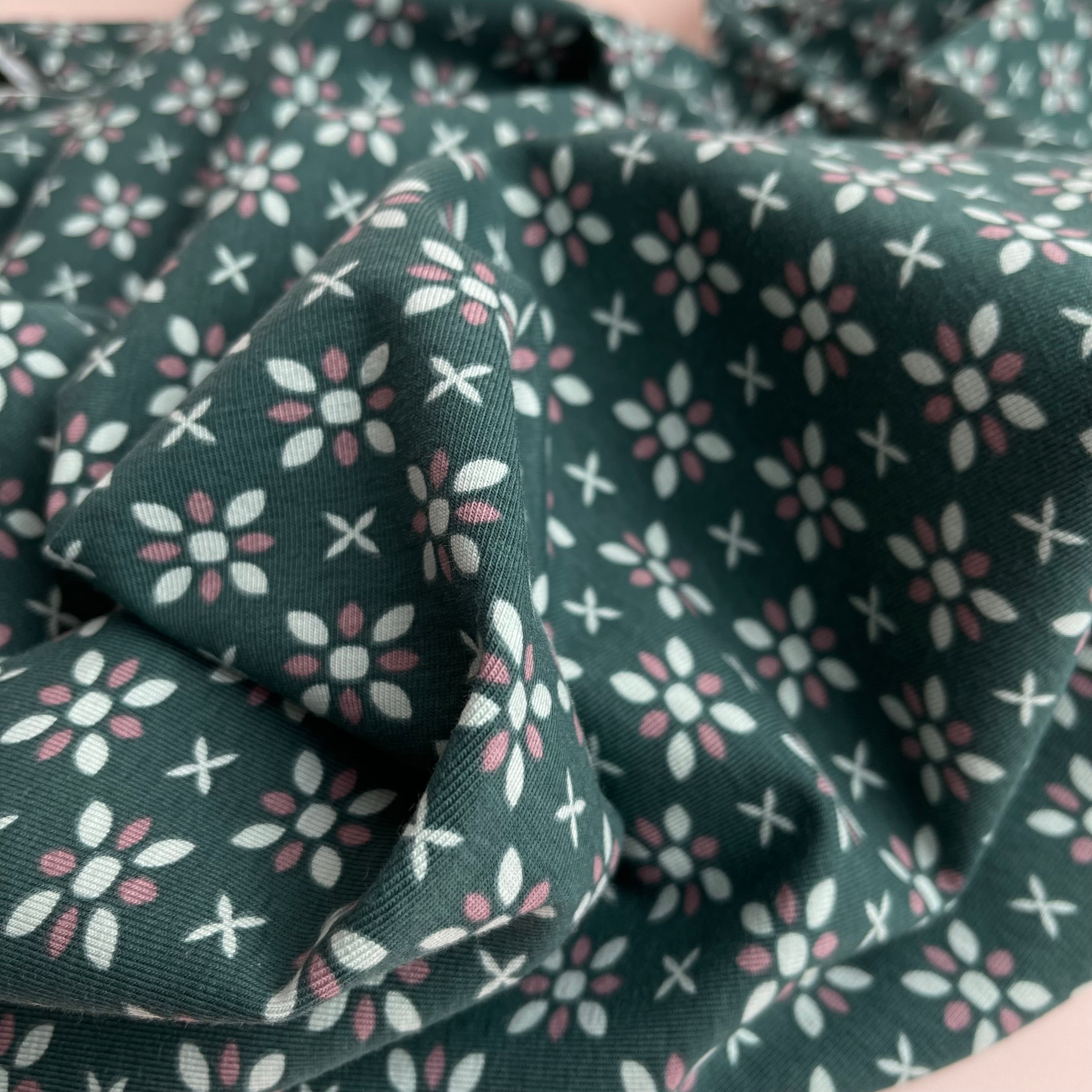 REMNANT 0.50 metre - Graphic Flowers Teal Cotton Jersey
