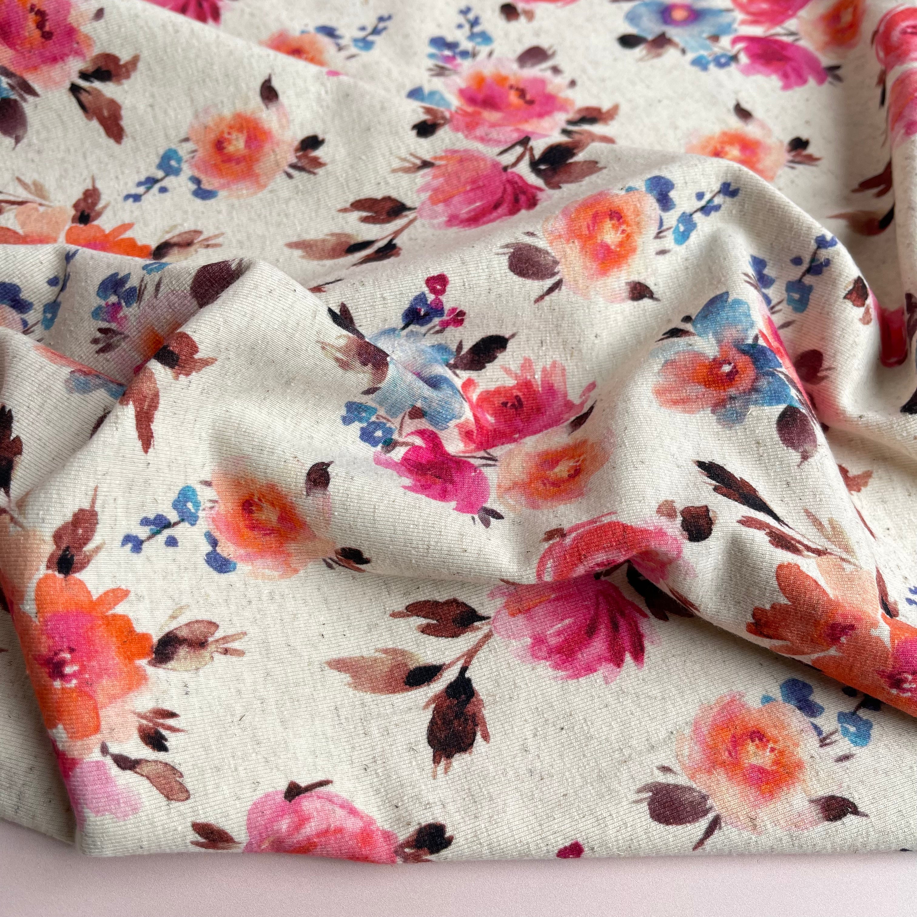 REMNANT 1.2 Metres - Painted Flowers in Pink Linen Cotton Jersey