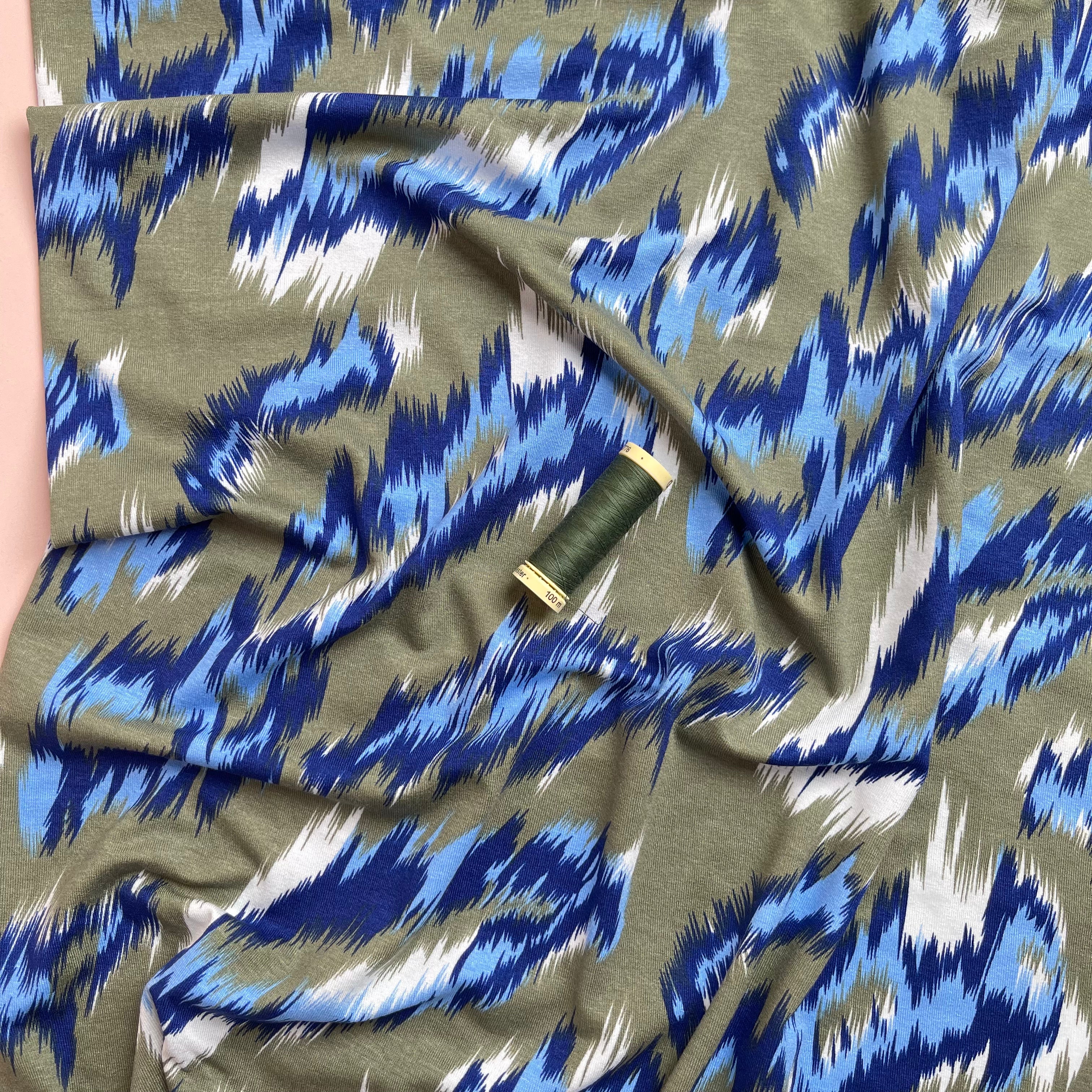 Painted Chevrons Khaki & Blue Viscose Jersey Fabric