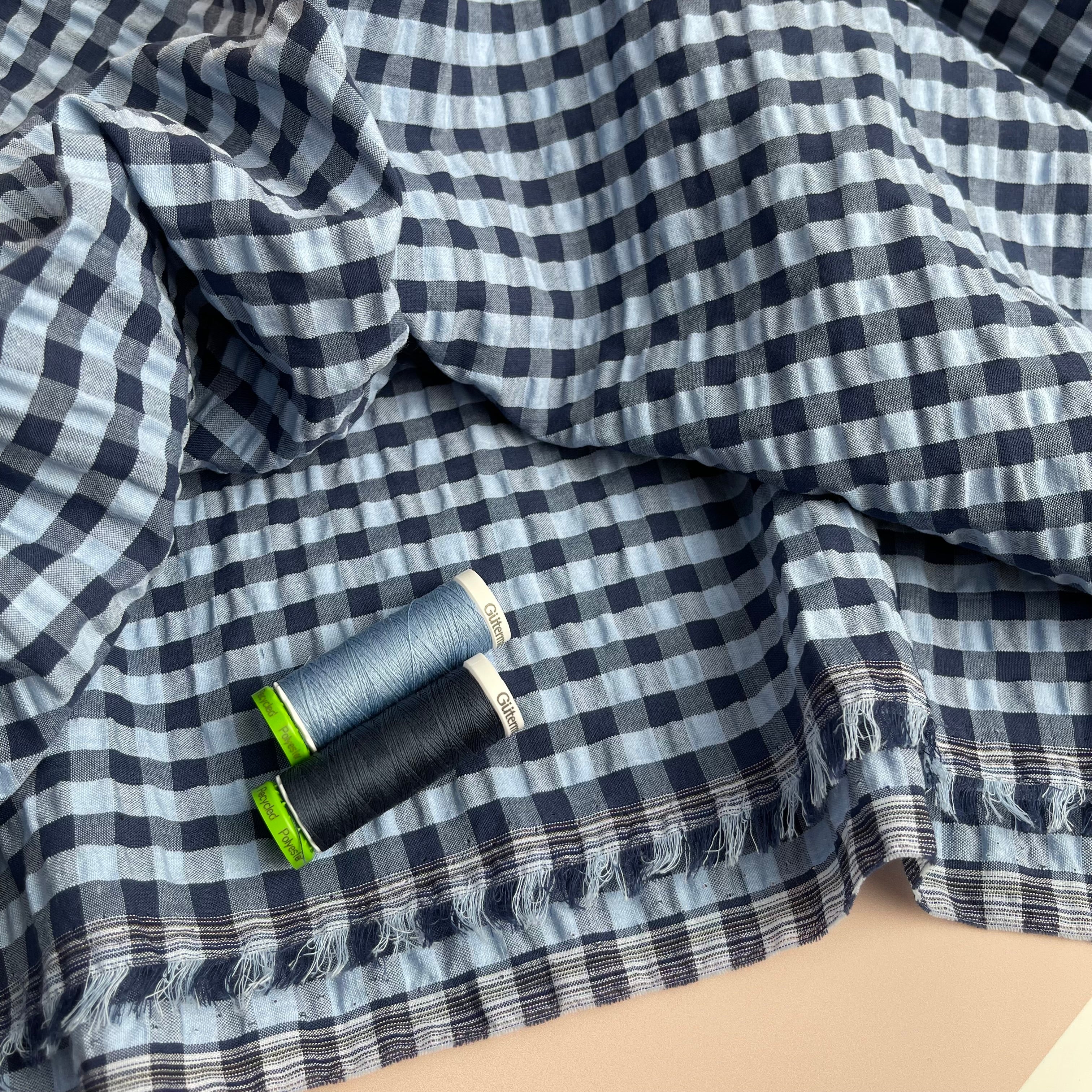 REMNANT 2.65 Metres - Blue Gingham Seersucker Fabric