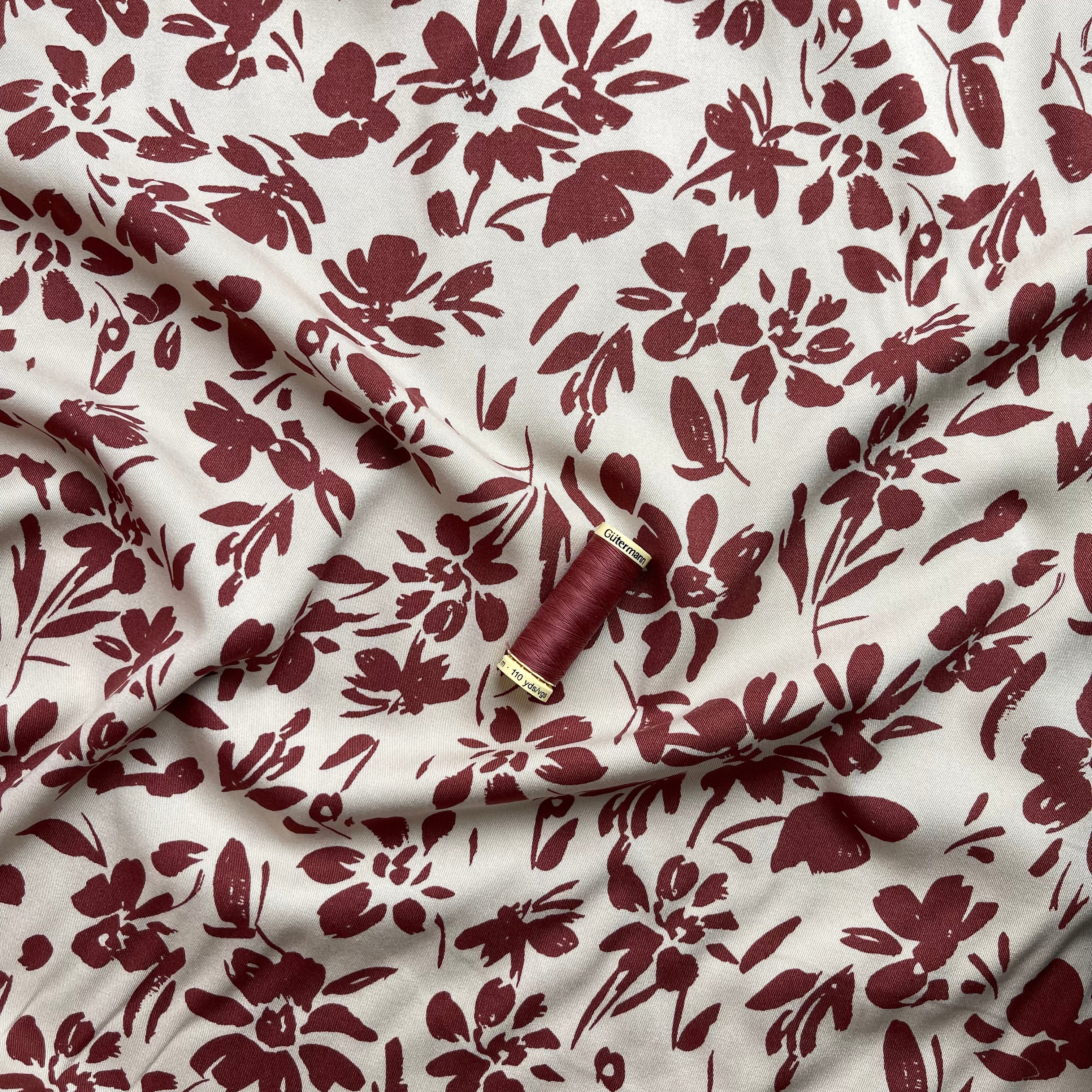 Rosella Rosewood Flowers on Beige Stretch Viscose Twill Fabric