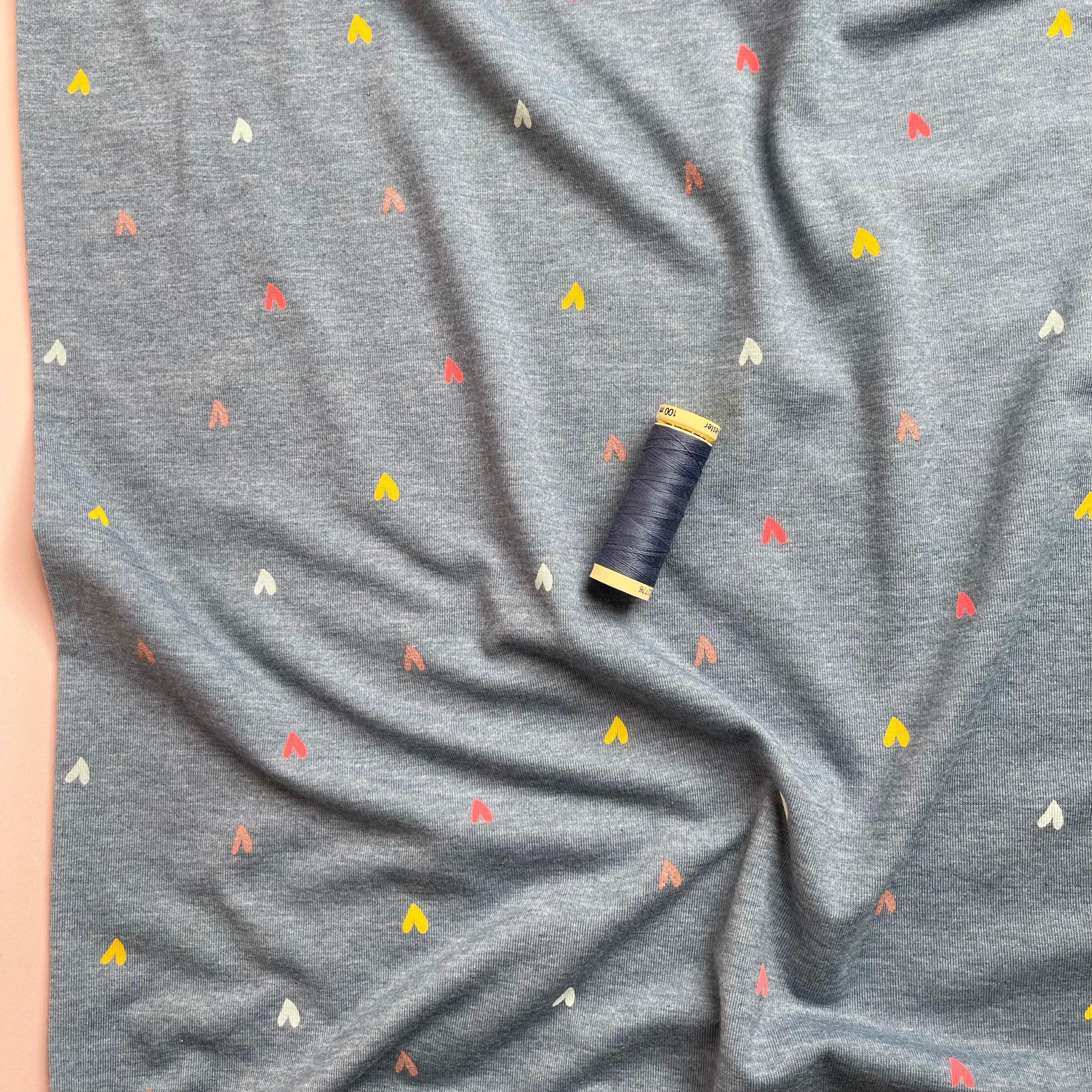 Love Hearts with Glitter Smokey Blue Cotton Melange Jersey