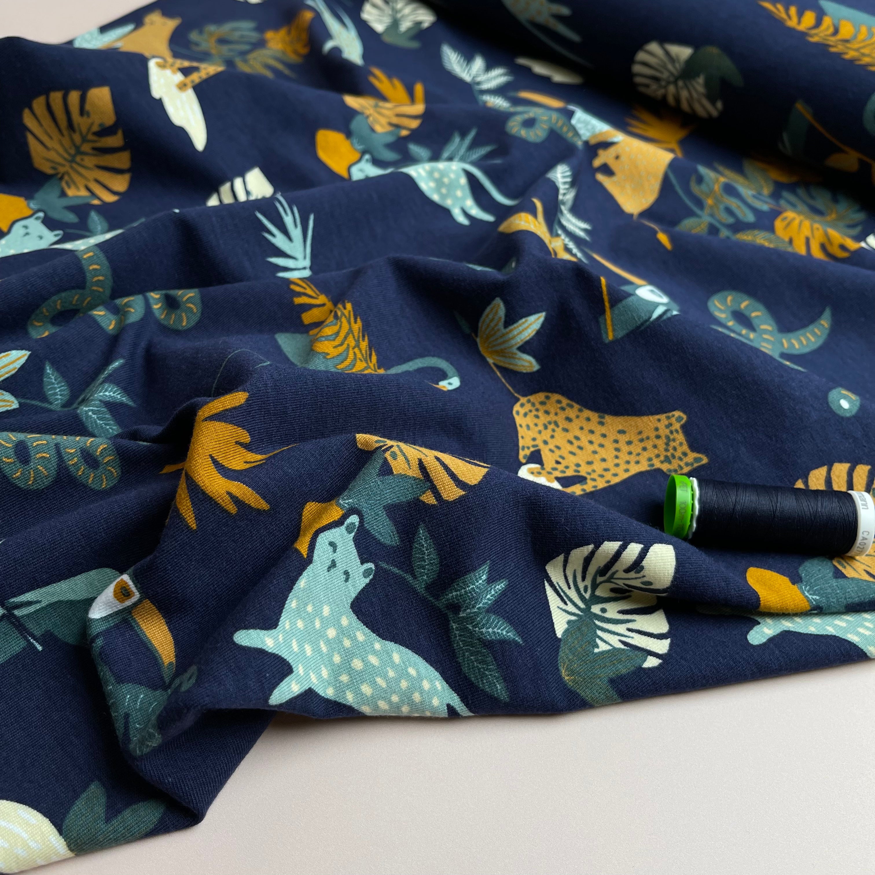 Safari Animals Navy GOTS Organic Cotton Jersey Fabric