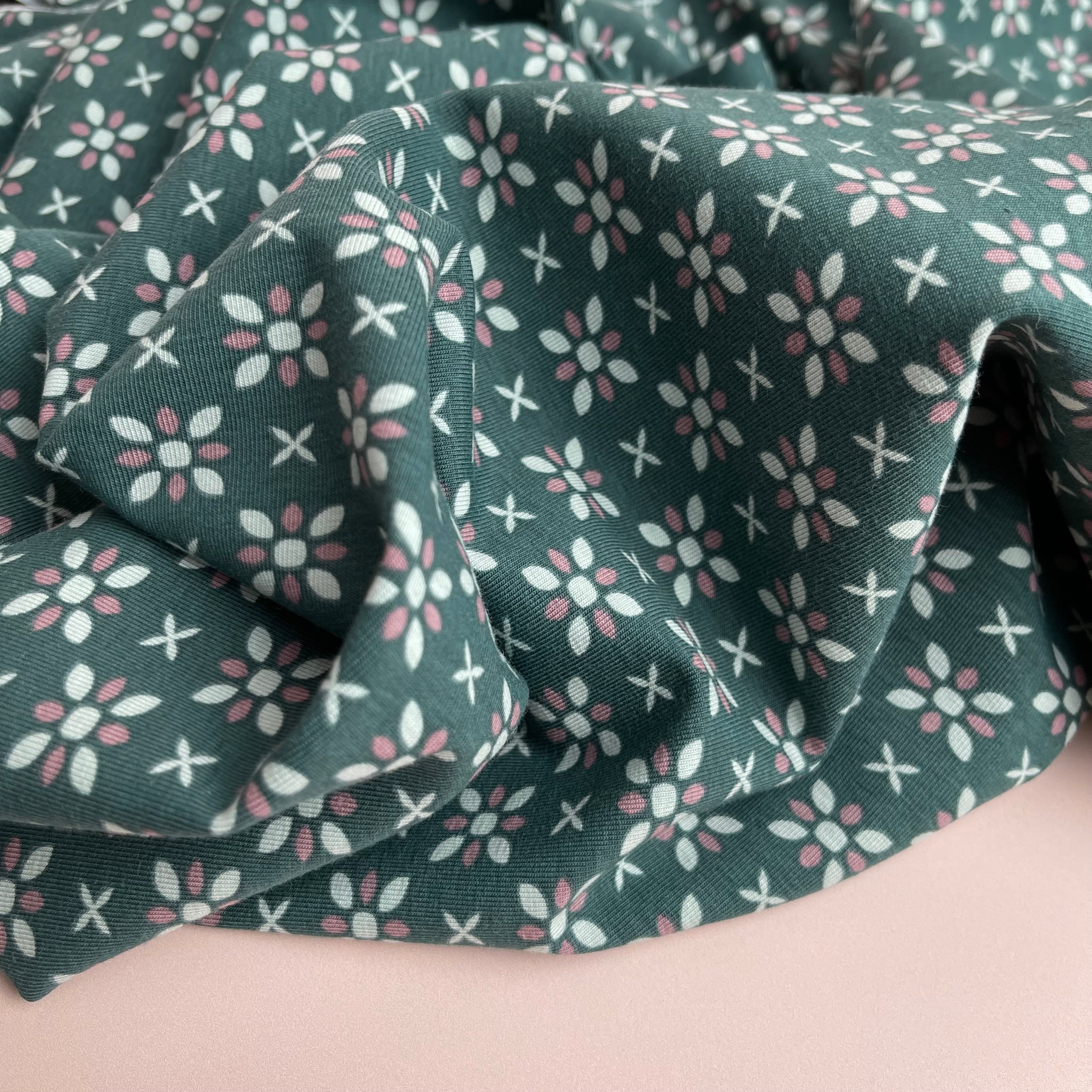 REMNANT 0.50 metre - Graphic Flowers Teal Cotton Jersey