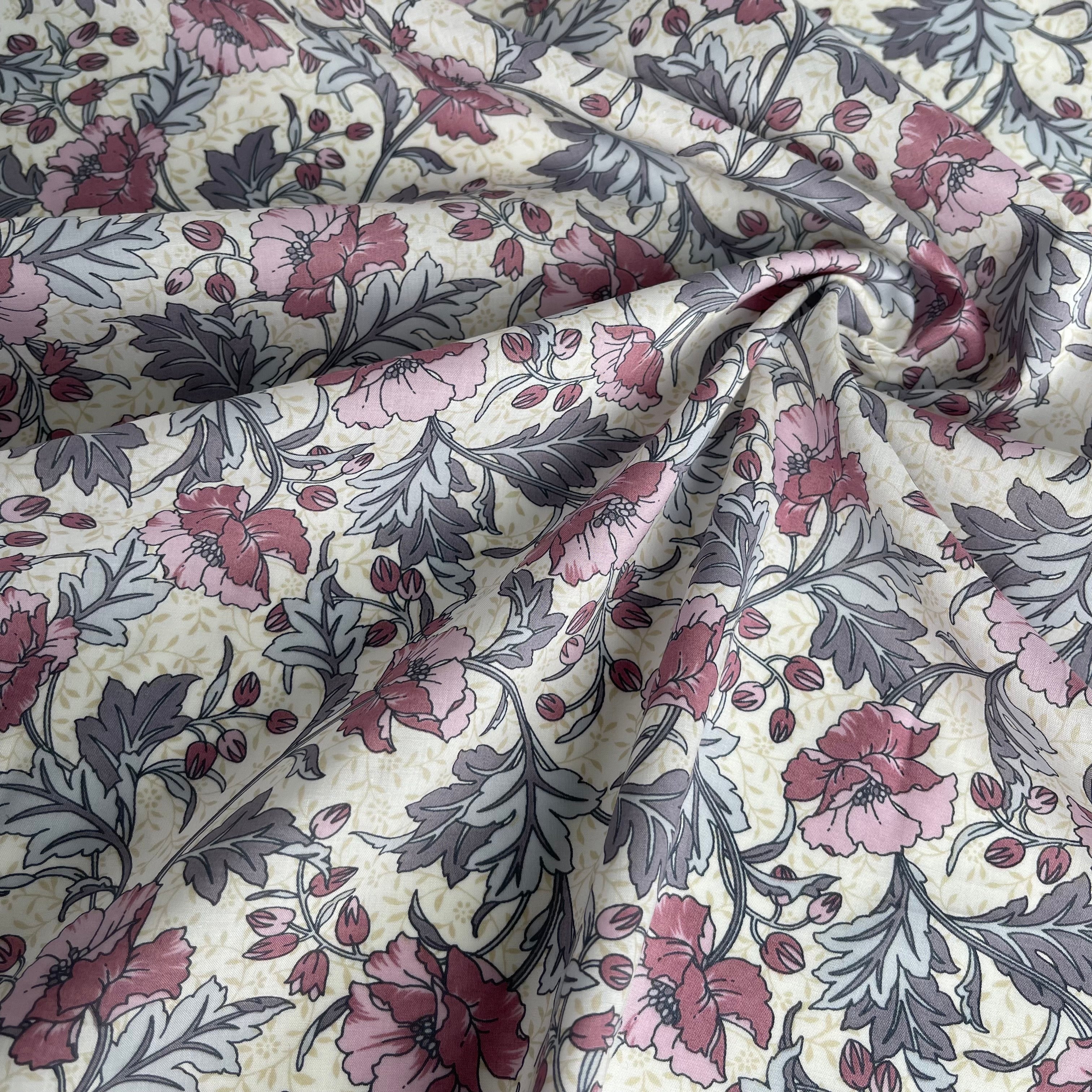 REMNANT 1.85 Metres - Plum Flowers Cotton Lawn Fabric