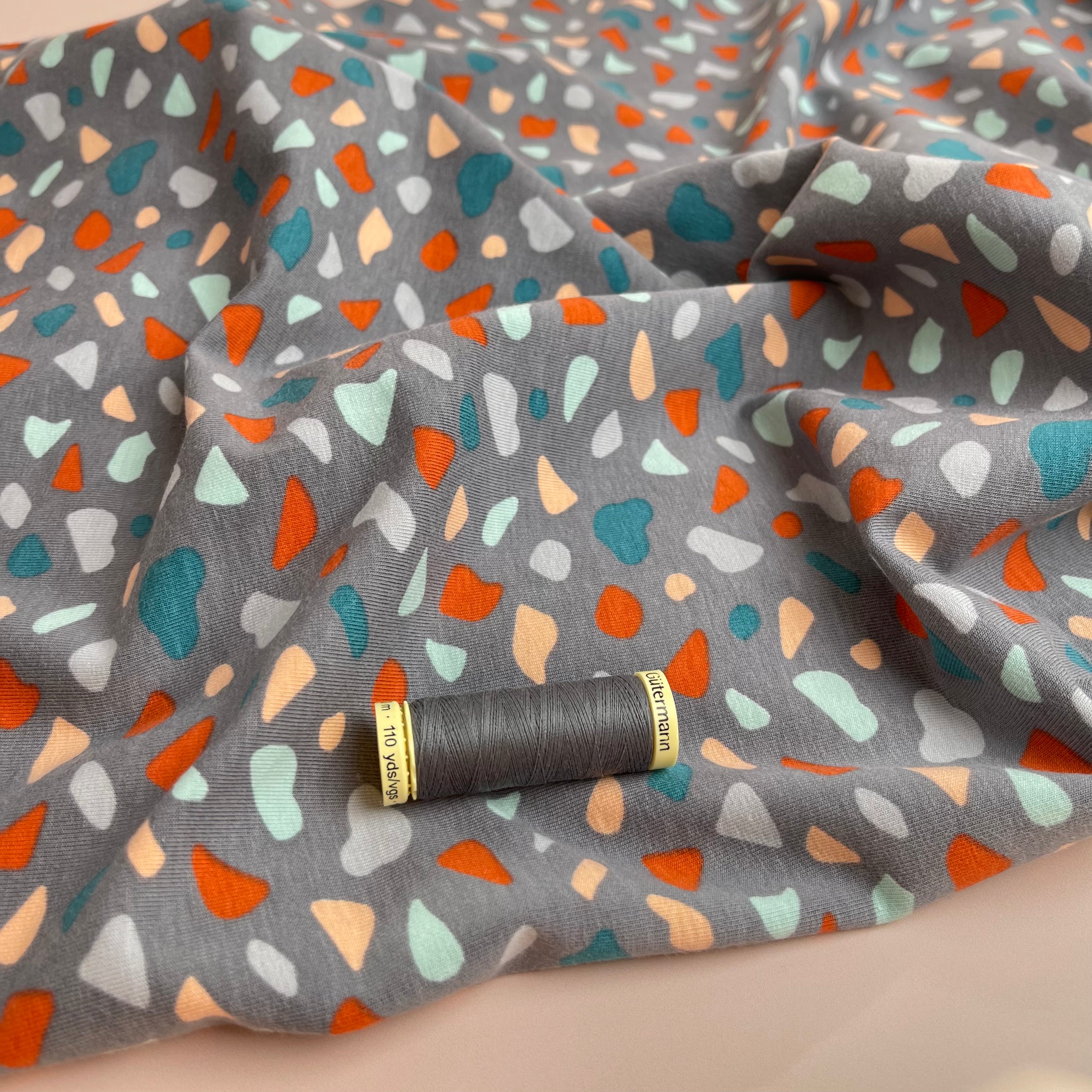 REMNANT 2.33 Metres - Joyful Terrazzo Grey GOTS Organic Cotton Jersey Fabric