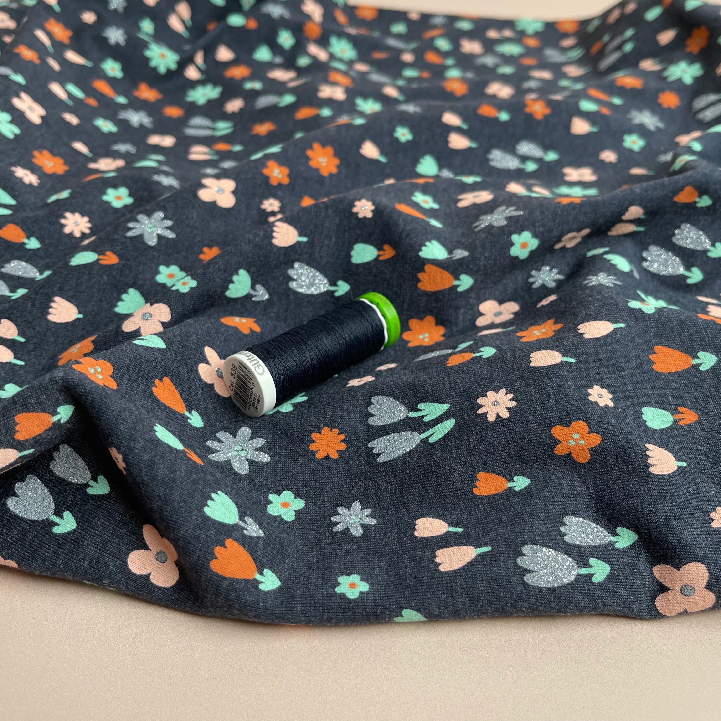 Small Flowers with Glitter Indigo Melange Cotton Jersey