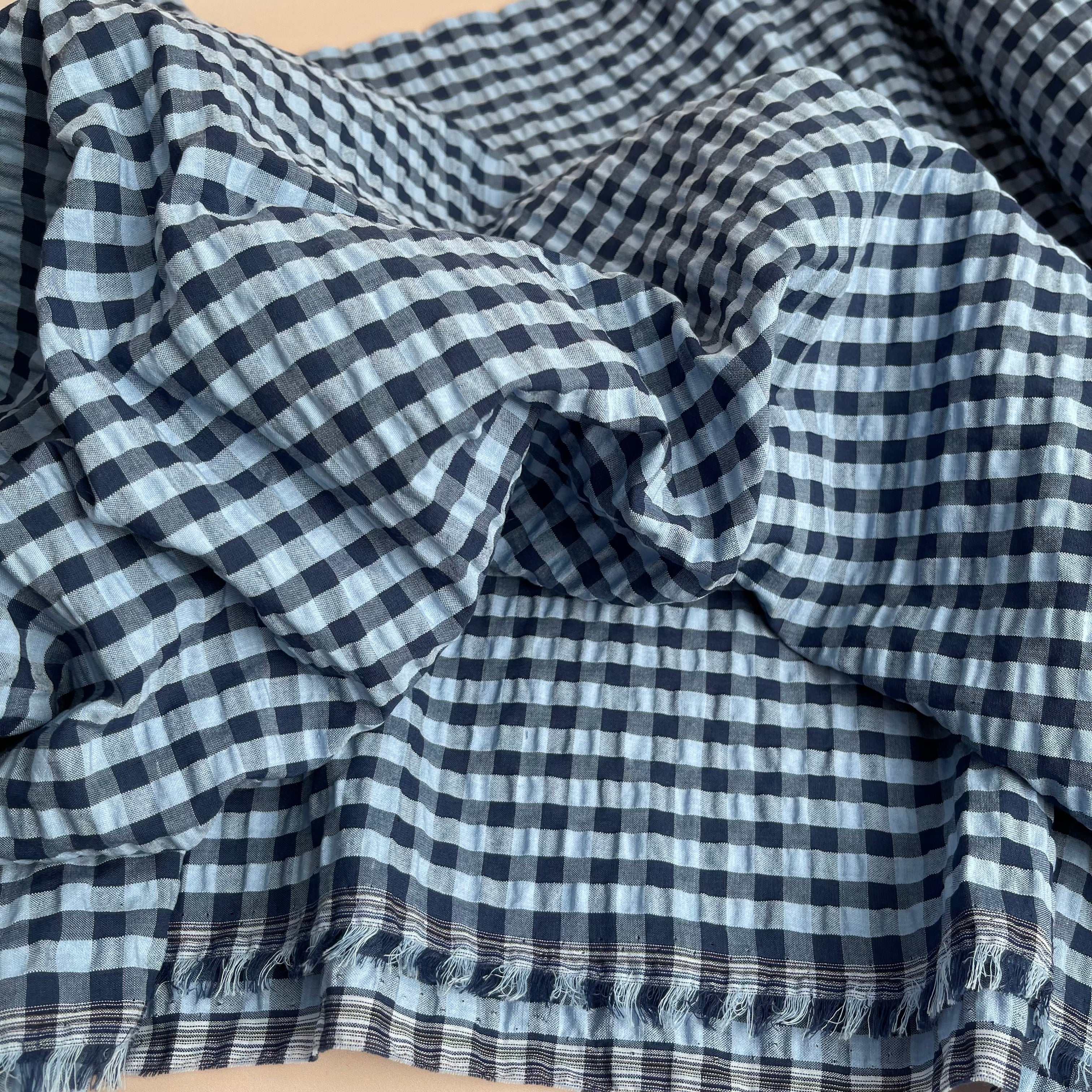 REMNANT 2.65 Metres - Blue Gingham Seersucker Fabric