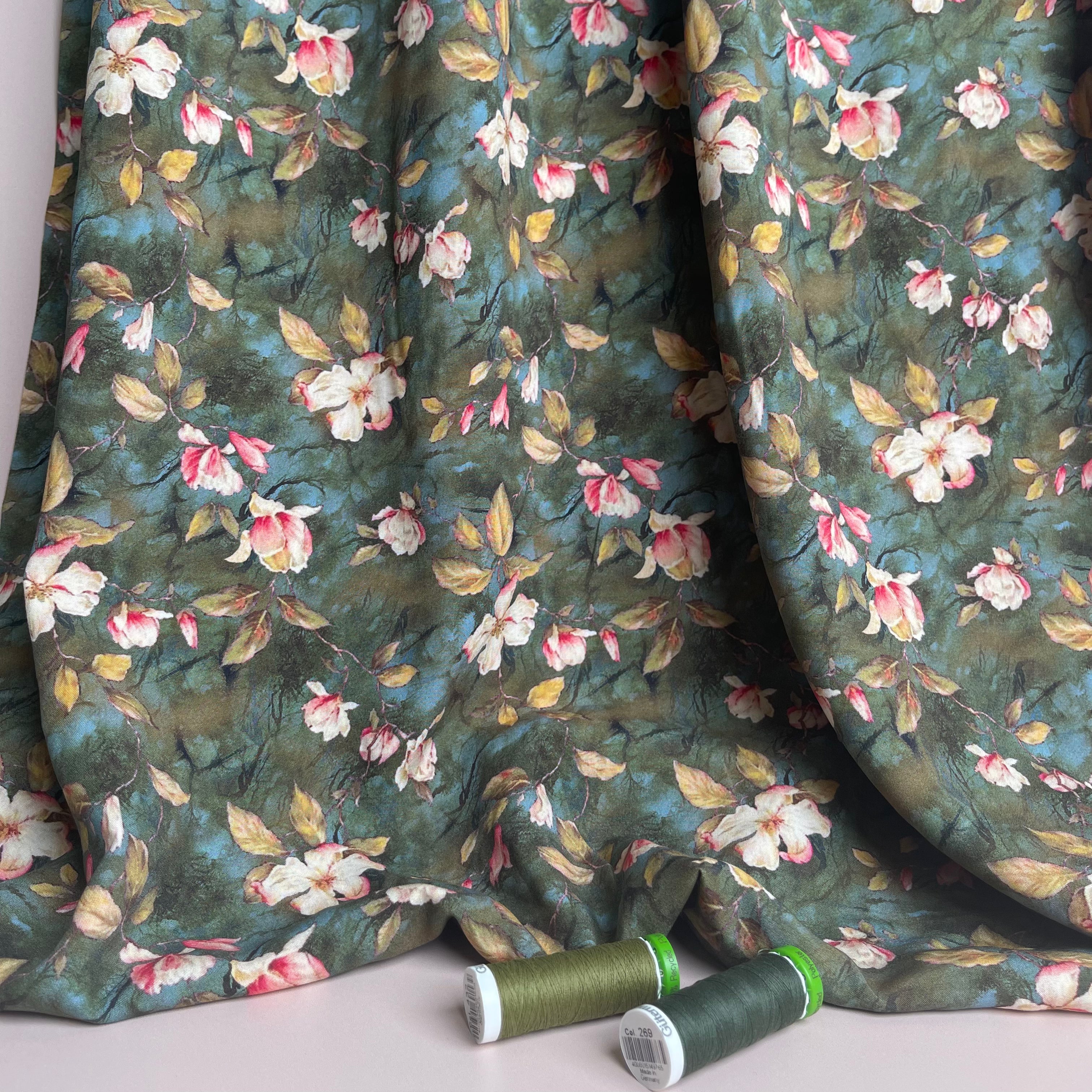 Rosehip Blossom Olive Green Viscose Fabric