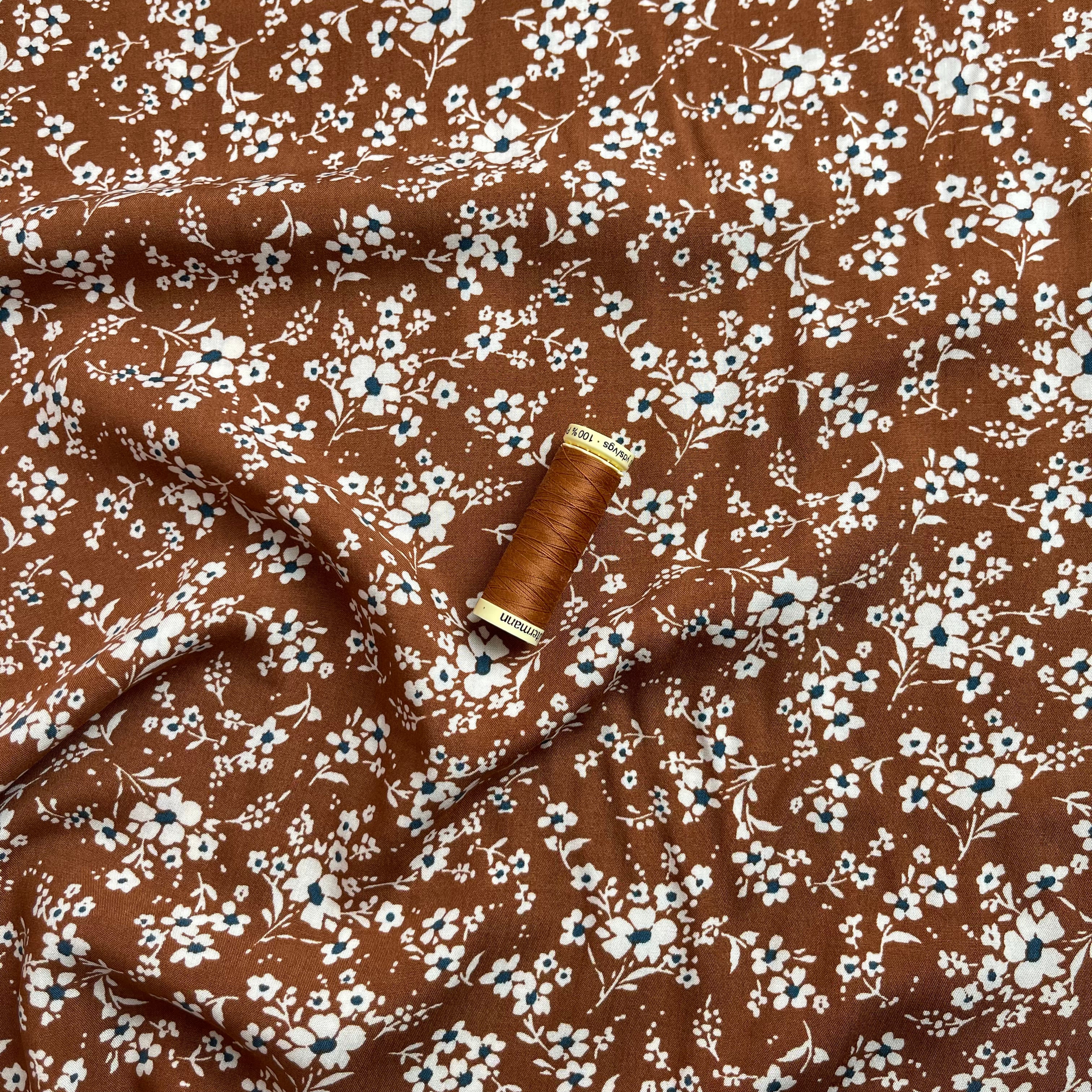 Ditsy Meadow on Caramel Viscose Fabric