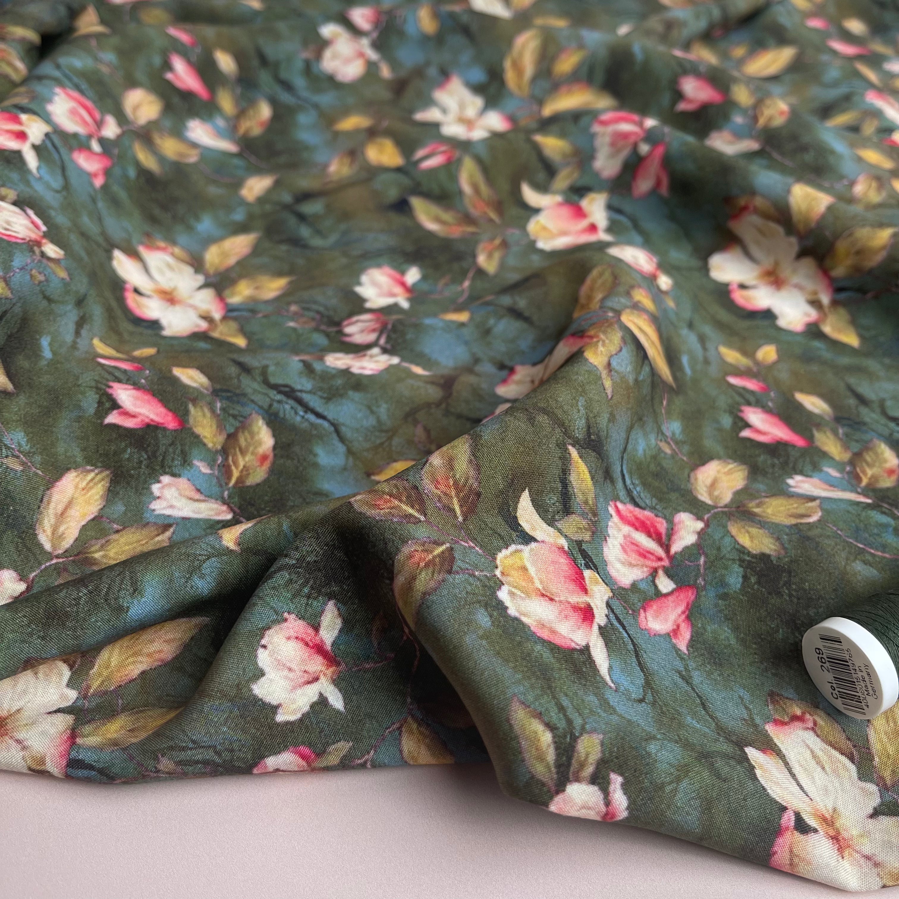 Rosehip Blossom Olive Green Viscose Fabric