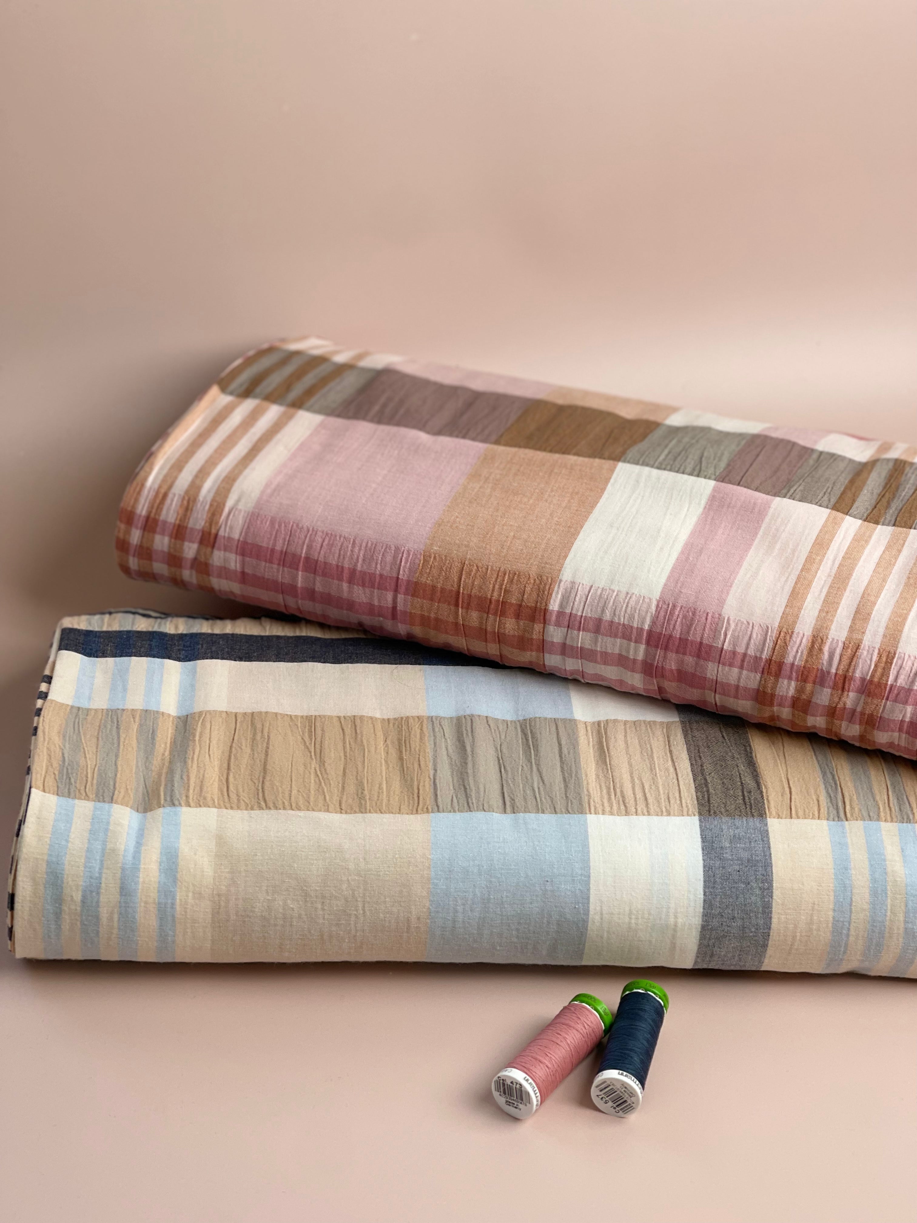 REMNANT 0.78 Metre - Yarn Dyed Checks in Blue and Beige Stretch Cotton Fabric