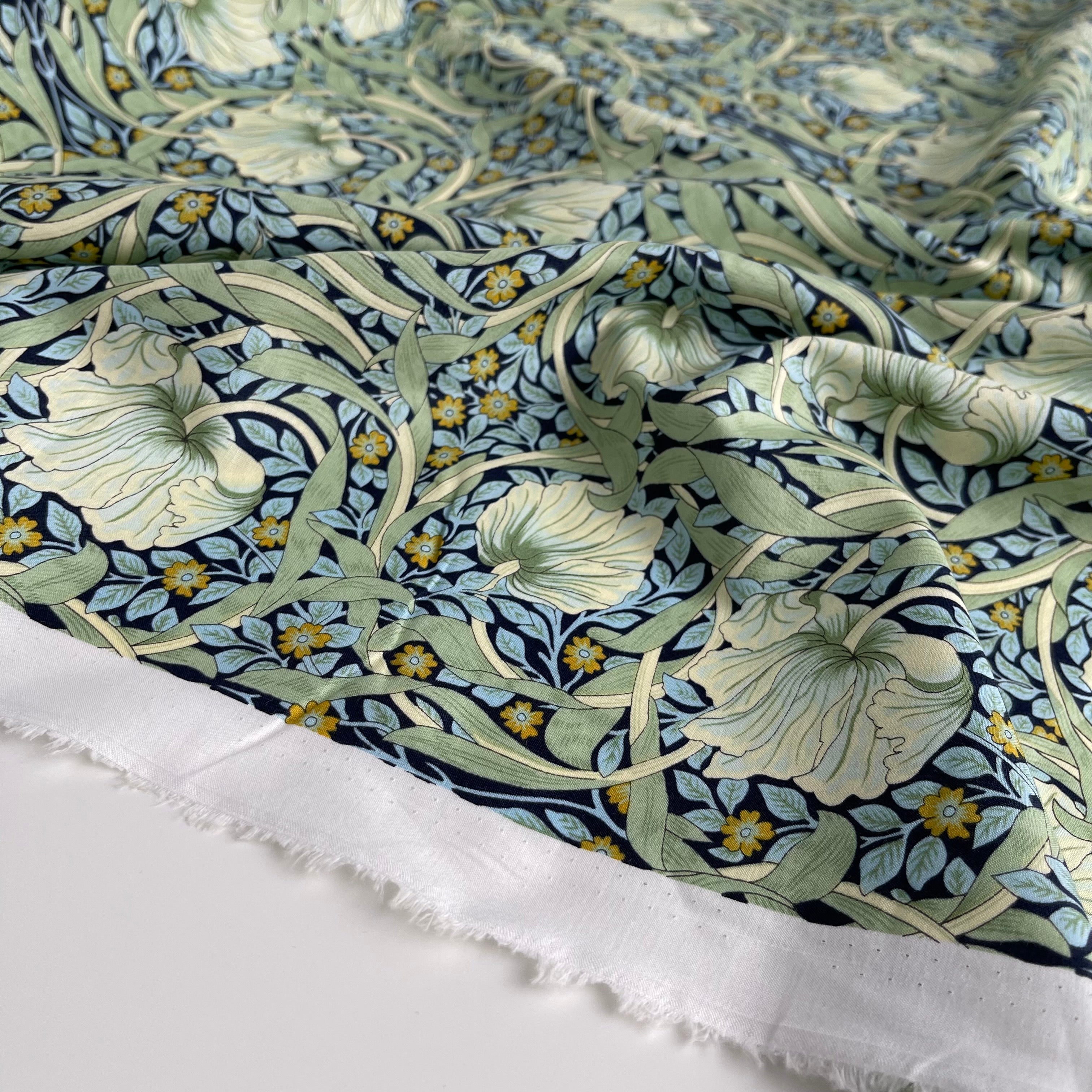 Morris Large Green on Navy Cotton Lawn Fabric