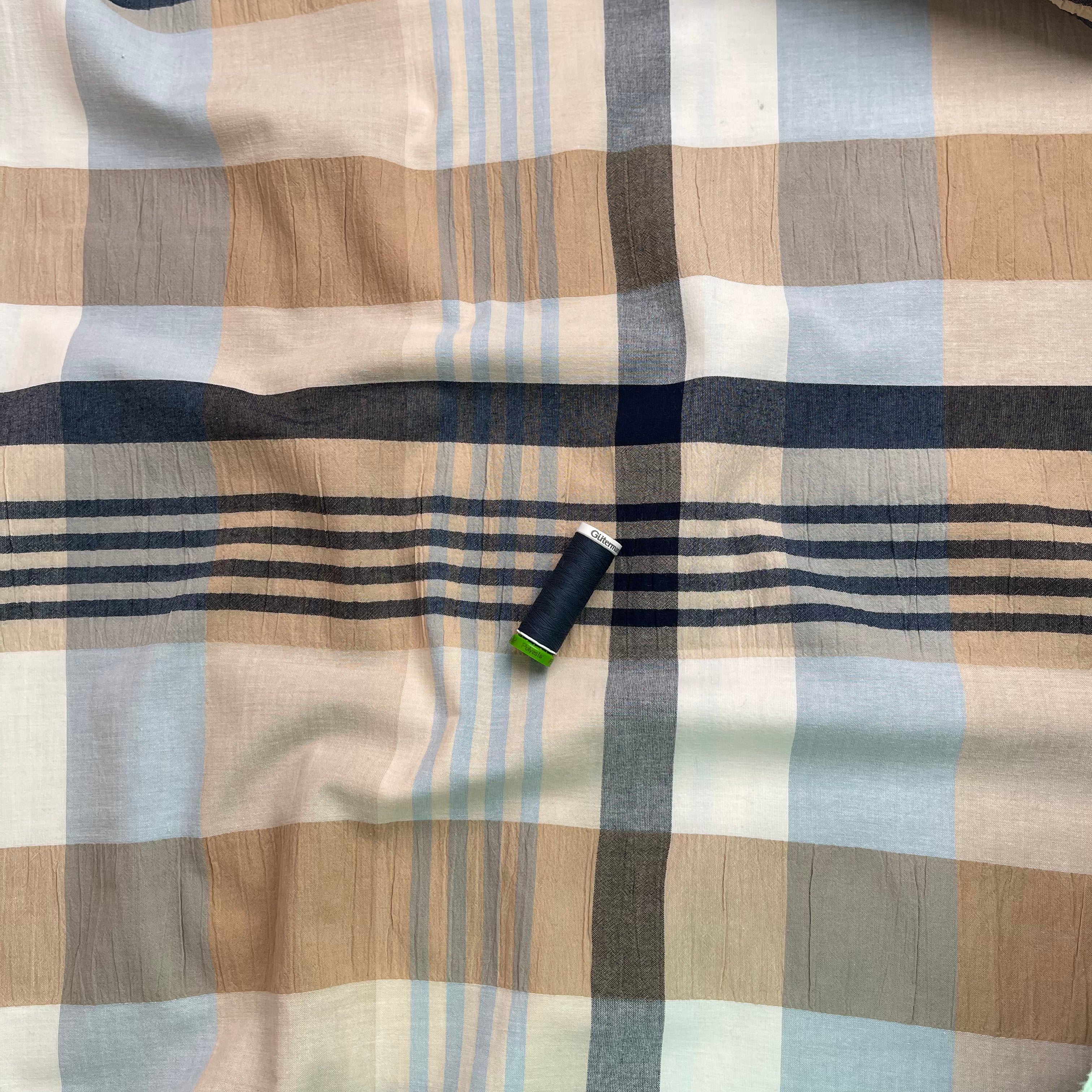 REMNANT 0.78 Metre - Yarn Dyed Checks in Blue and Beige Stretch Cotton Fabric