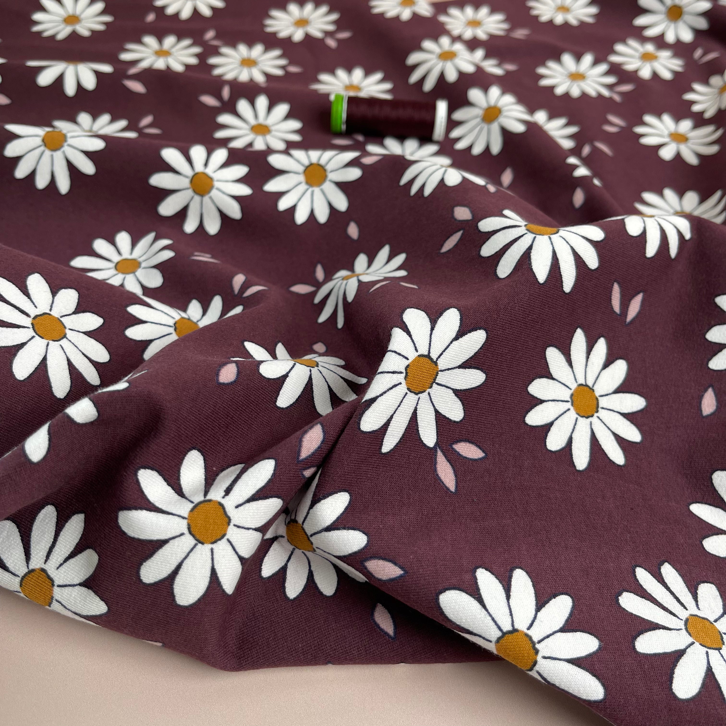 Daisies on Plum Cotton French Terry Fabric