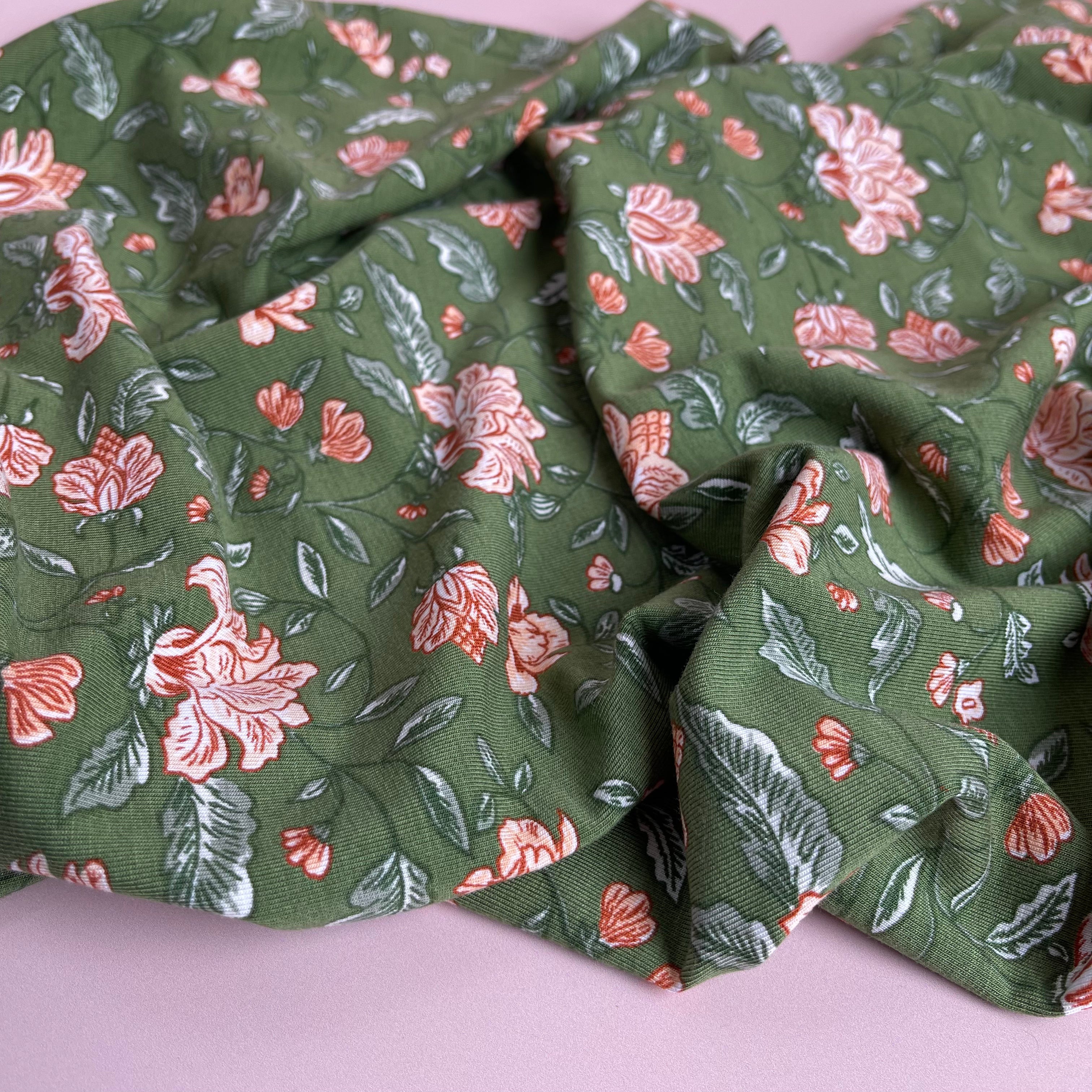 REMNANT 1.24 Metres - Magnolia in Moss Green Bamboo Cotton Jersey