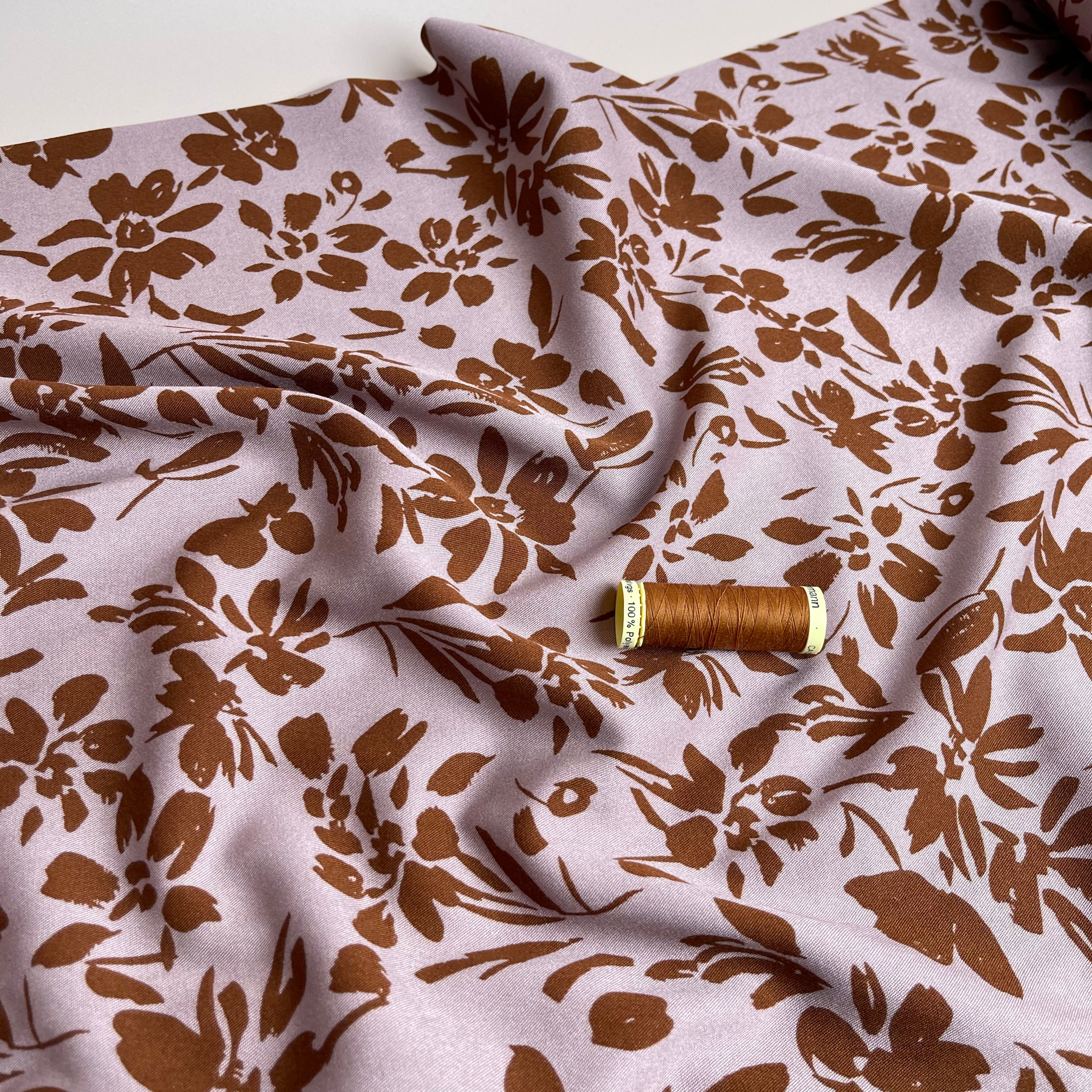 REMNANT 0.4 Metre - Rosella Brown Flowers on Lilac Stretch Viscose Twill Fabric