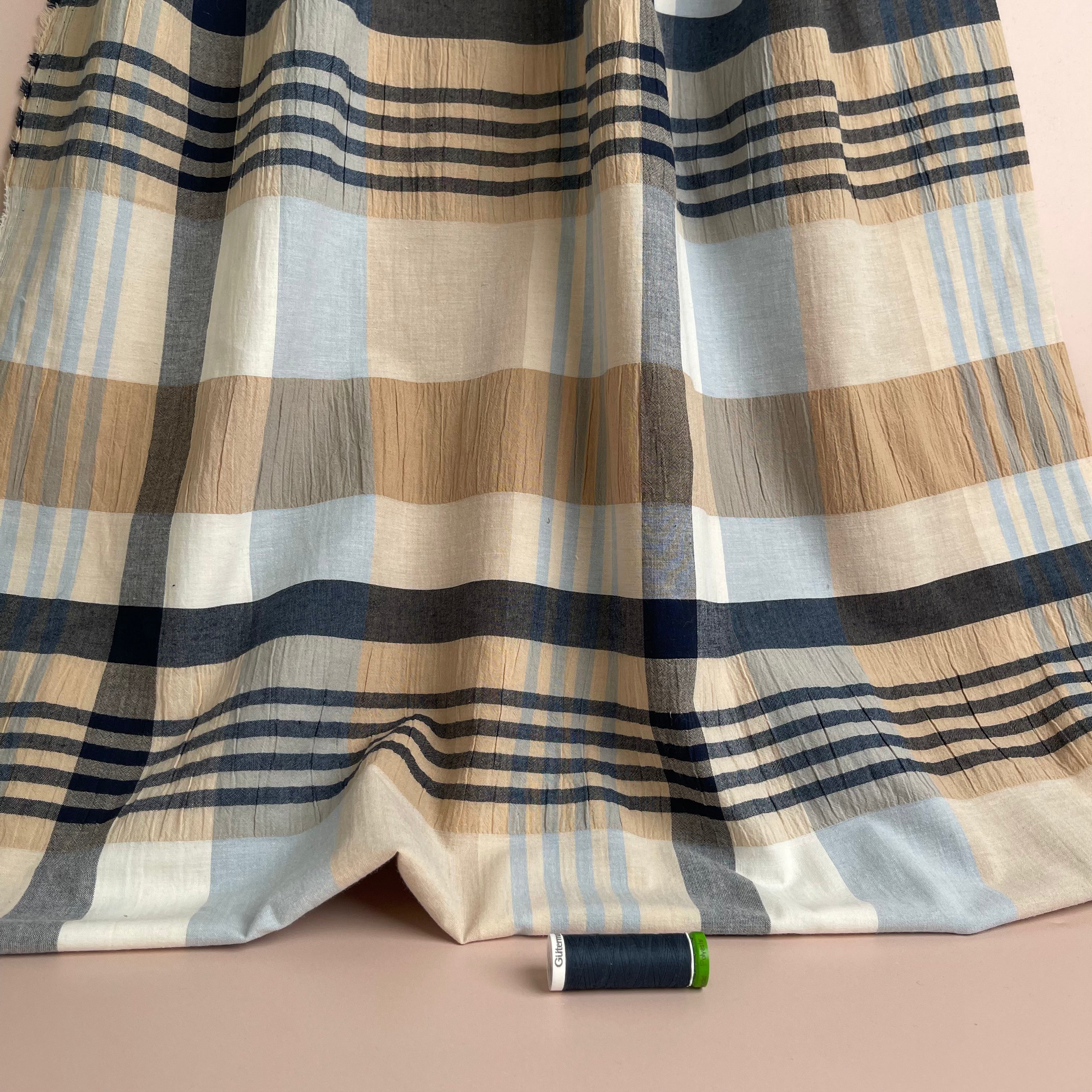 REMNANT 0.78 Metre - Yarn Dyed Checks in Blue and Beige Stretch Cotton Fabric